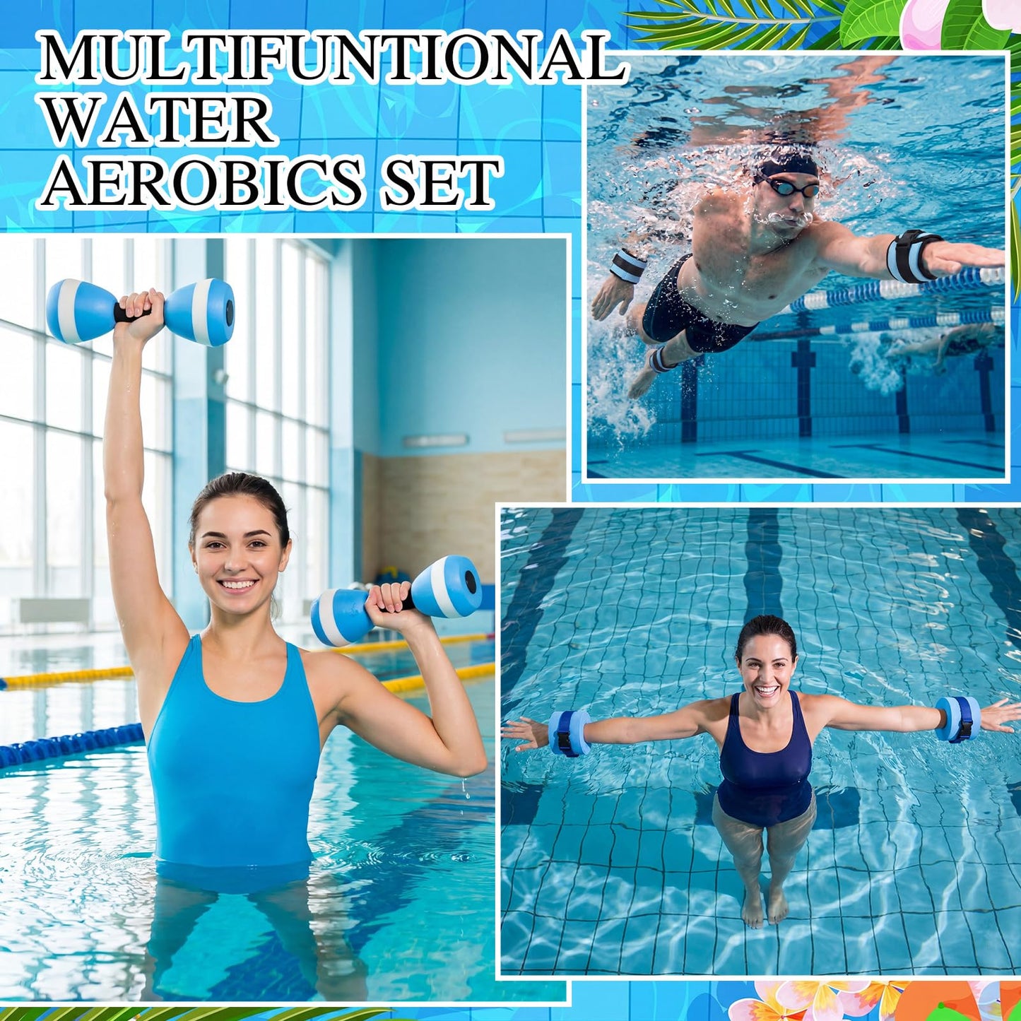Teyva Daily 7 Pcs Aquatic Exercise Set Water Aerobics Set Including 2 Ankle/Wrist Weights for Land or Water 2 Exercise Foam Dumbbells Cuffs Large Mesh Beach Bag for Pool Weight Loss(Blue)