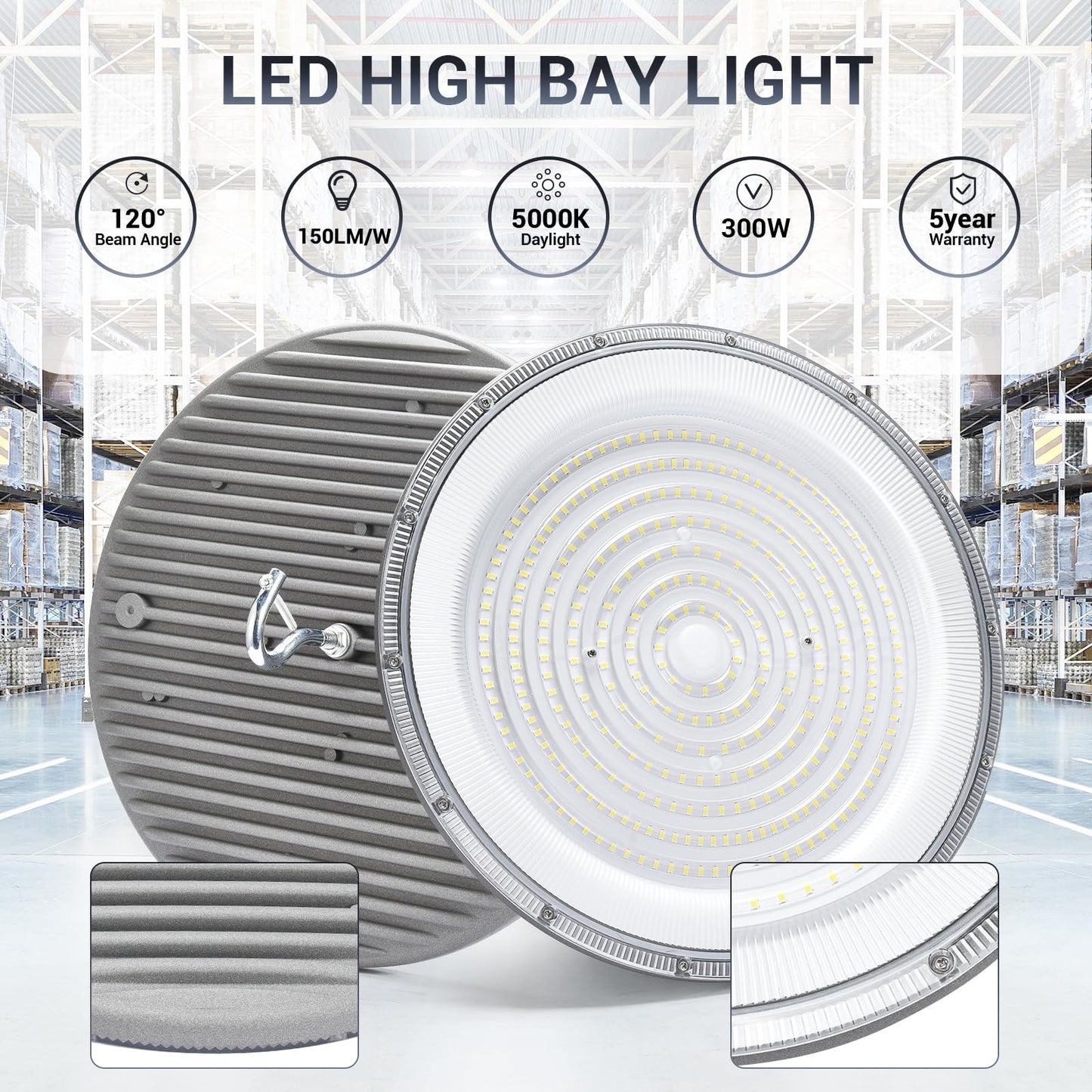 XYCN 10 Pack 300W UFO Led High Bay Light,120VAC,5000K Daylight Commercial Bay Lighting,IP66 Waterproof,45050LM,1300W MH/HPS with Plug Area Light for Warehouse/Shop/Workshop/Barn/Gym/Factory