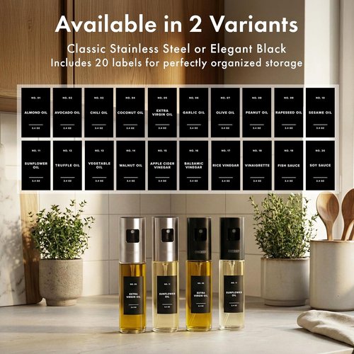 EDELHAUS Oil Sprayer Set - Stainless Steel & Glass Bottles for Healthy Cooking | 2-Pack with Silver Lids