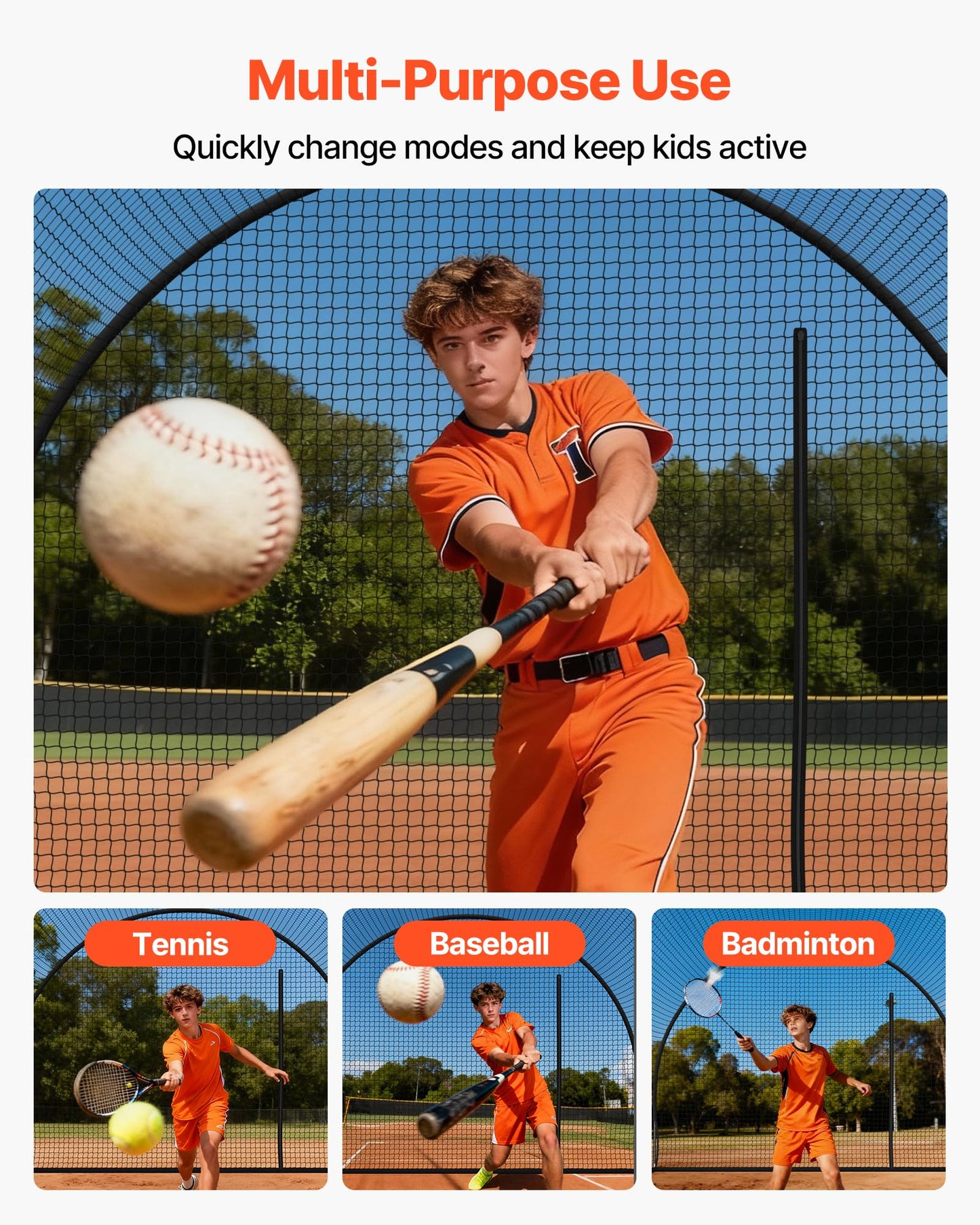 VEVOR Baseball Batting Cage, 40.0 x 12.1 x 10.0 FT Fiberglass Portable Batting Cage, Hitting Cages with 4-Ply Knotless Polyester & Pitching Machine Opening, Battings Cages Netting for Indoor Outdoor