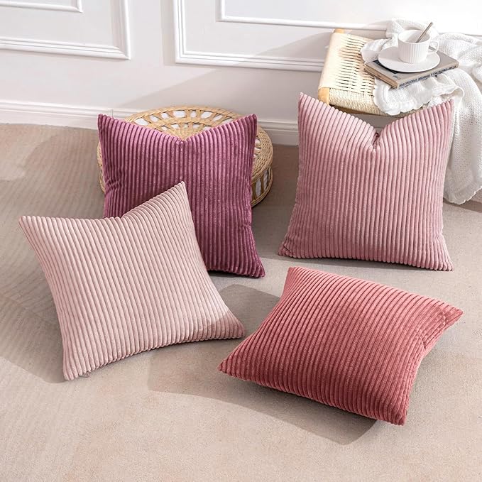 MIULEE Pack of 4 Purple Pink Valentines Corduroy Decorative Throw Pillow Covers 20x20 Inch Soft Boho Striped Pillow Covers Modern Farmhouse Spring Home Decor for Sofa Living Room Couch Bed