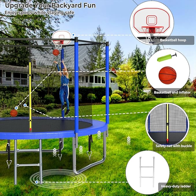 Upgraded 16FT 15FT 14FT 12FT 10FT 8FT Trampoline Outdoor with Basketball Hoop and Net, Capacity for 4-6 Kids and Adults