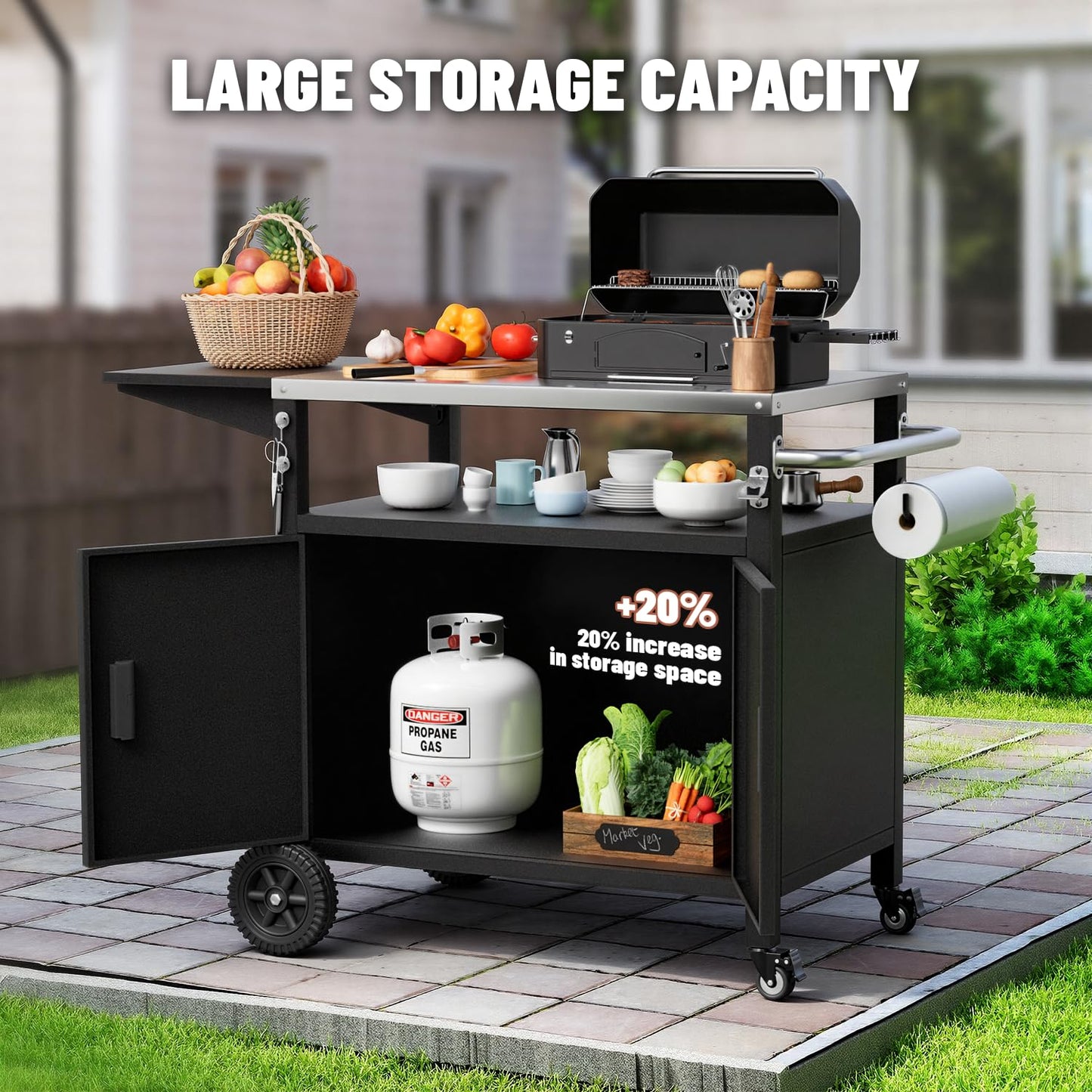 Verinox Outdoor Grill Cart with Cabinet, Large Storage & Lockable Wheels, Extra Foldable Table Top, Outdoor Kitchen Island Grill Table for Camping, Patio, Backyard & Tailgating