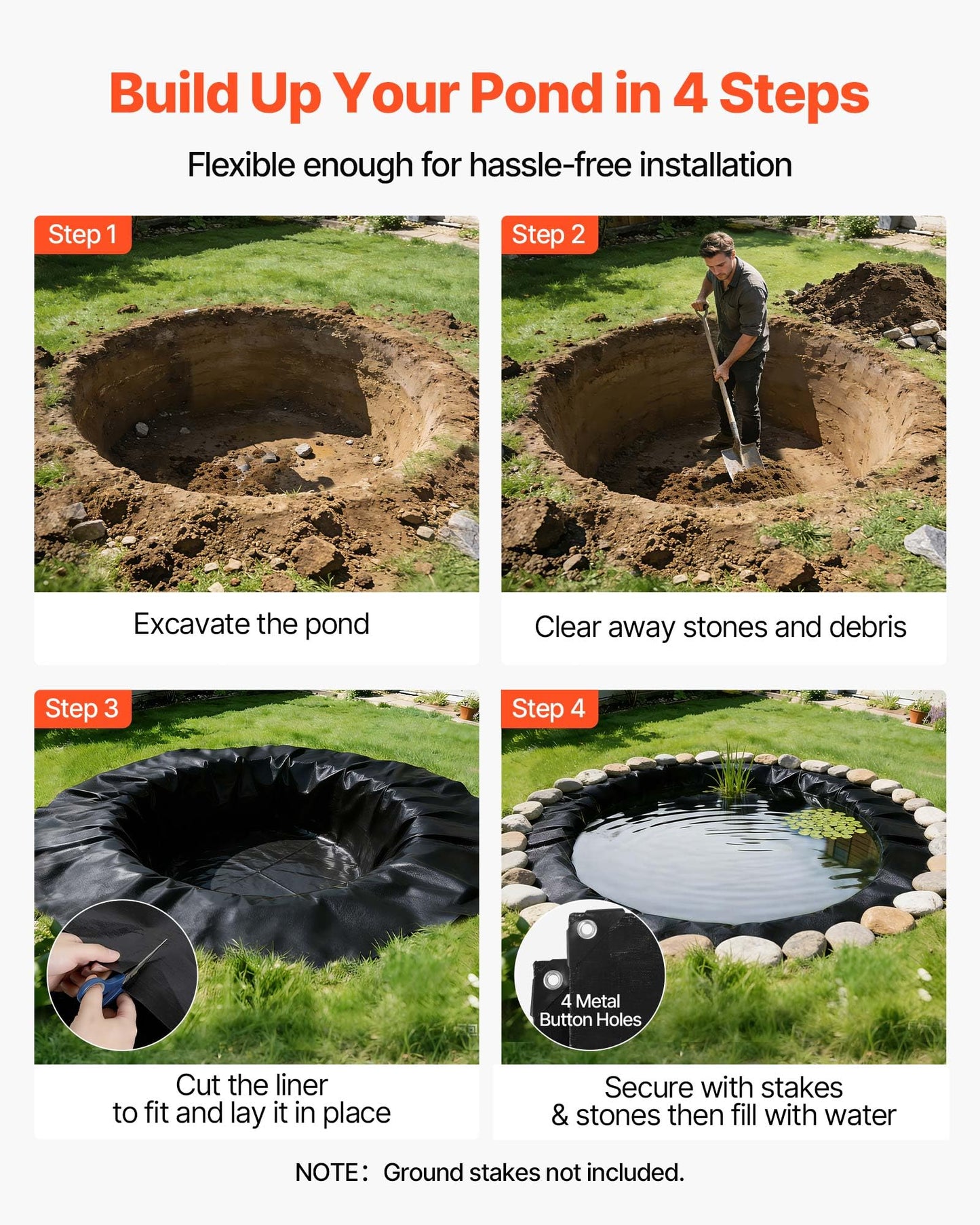 VEVOR 25 x 30 ft Pond Liner, 14 Mil Thickness, 3-Layer Reinforced PE Fish Koi Pond Liner for Outdoor Ponds, with Hemmed Edge and 4 Metal Buttonholes, for Water Garden, Waterfall, and Fountains, Black