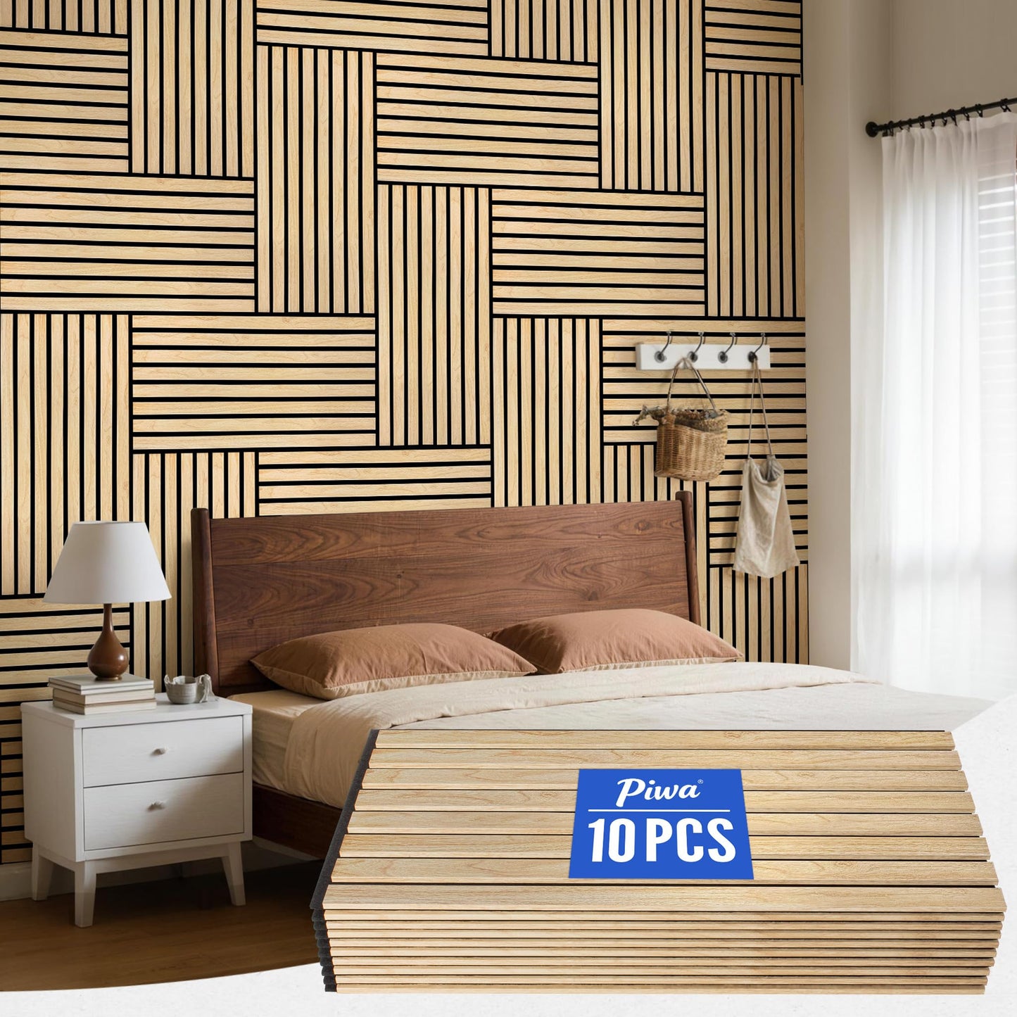 PIWA Wood Slat Acoustic Wall Panels, 10 Packs 23.6" x 11.8" Oak Soundproof Panel for Interior Wall Decor Noise Absorbing-3D Textured Wooden Panel Sound-Absorbing for Home, Office, Studio