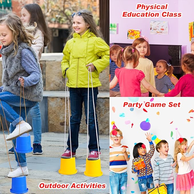 Hungdao 12 Pairs Balancing Stilts for Kids Walking Bucket Stilts Plastic Walking Toy with Adjustable Rope for Preschool Playground Indoor Outdoor Obstacle Course Games, 4 Colors