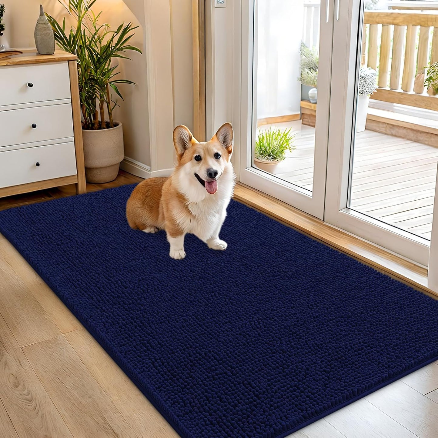OLANLY Dog Door Mat - Absorbent Non-Slip Washable Chenille Mat for Muddy Paws | 54x32, Navy Blue