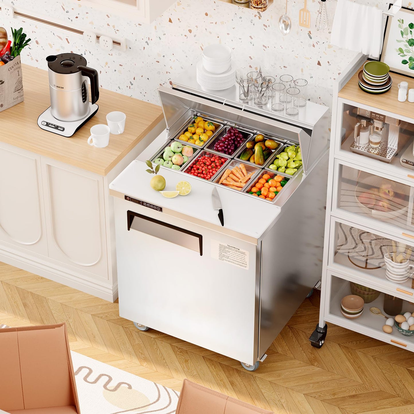GarveeHome Commercial Refrigerator, 28" Undercounter Worktop Refrigerator,7.4 cu. ft W Single Door Thick Stainless Steel Refrigerator Sandwich Salad Prep Station Cooling with Cutting Board and 8 Pans