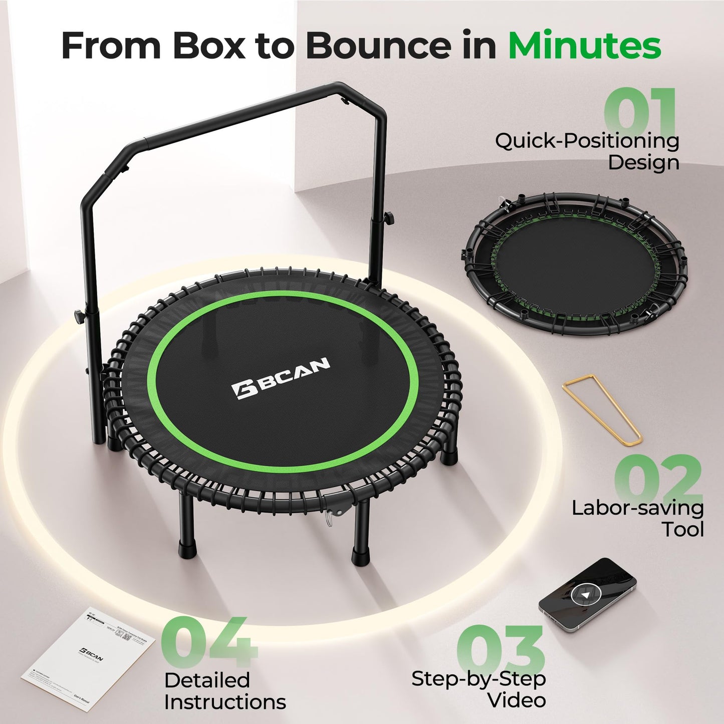 BCAN BT2 450/550LBS Mini Rebounder Trampoline for Adults with Bar, Fitness Trampoline with Bungees, Adjustable Handle, Stable & Quiet, Indoor Outdoor, Whole-Body Workout & Relaxation at Home-40IN-GRN