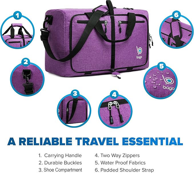 Bago Large Foldable Duffel Bags for Traveling Women & Men - 120L Packable Duffle Bag for Travel with Shoe Compartment - Water Repellant, Heavy Duty, Lightweight Folding & Collapsible (SnowDepPurple)
