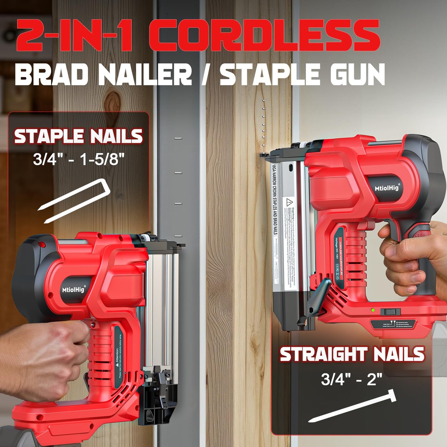 MtiolHig Cordless 2" Brad Nailer Compatible with Milwaukee Battery(Tool Only), 2-in-1 Electric Nail Gun/Staple Gun, 18 Gauge Nail Gun Battery Powered with 1000 Nails for Wood Carpentry, 7.2LB