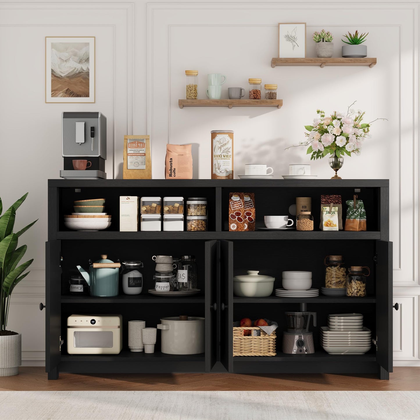 Garvee Buffet Sideboard with Storage, 4 Doors & Adjustable Shelves, 55'' Large Farmhouse Kitchen Storage Cabinet Wood Coffee Bar Cabinet for Kitchen, Dining Room, Entryway, Living Room, Black