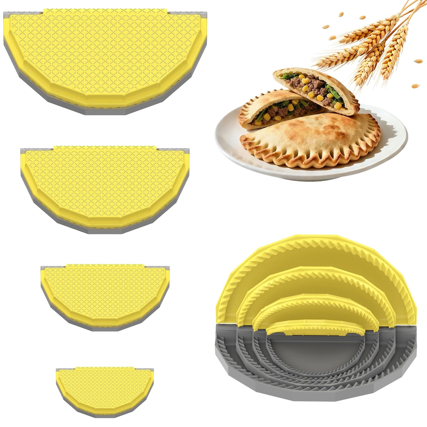 Tortilla Sealer Crimper Press - 4pcs Quesadilla Maker for 10"+8"+6"+4" Flour Tortillas |Make Sealed Taco,Quesadilla,Empanada,Burrito,Dumpling,Sandwich,BPA-Free Dishwasher Safe (Grey Yellow)