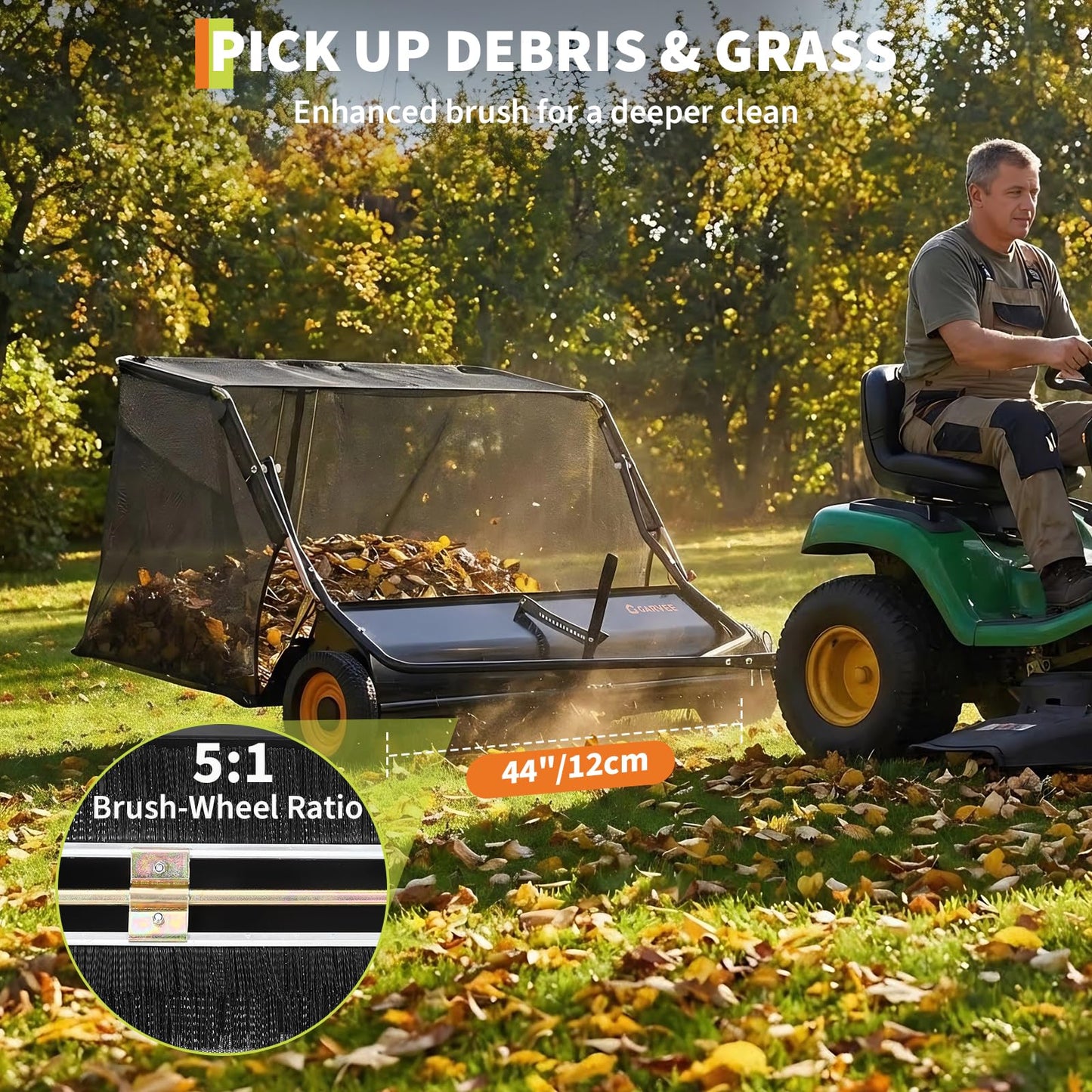 GarveeHome 44 Inch Tow Behind Lawn Sweeper, 26 cu. ft Large Pull Behind Grass Sweeper, Heavy Duty Leaf & Grass Collector with Dumping Rope Design, Adjustable Sweeping Height for Yard, Farm, Garden