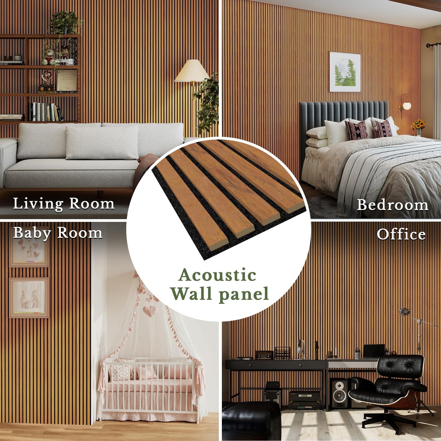 MISSDAY Wood Slat Acoustic Wall Panels, 4 Packs 47.2" x 23.6" Teak Soundproof Panel For Interior Wall Decor Noise Absorbing-3D Textured Wooden Panel Sound-Absorbing for Home, Office, Studio