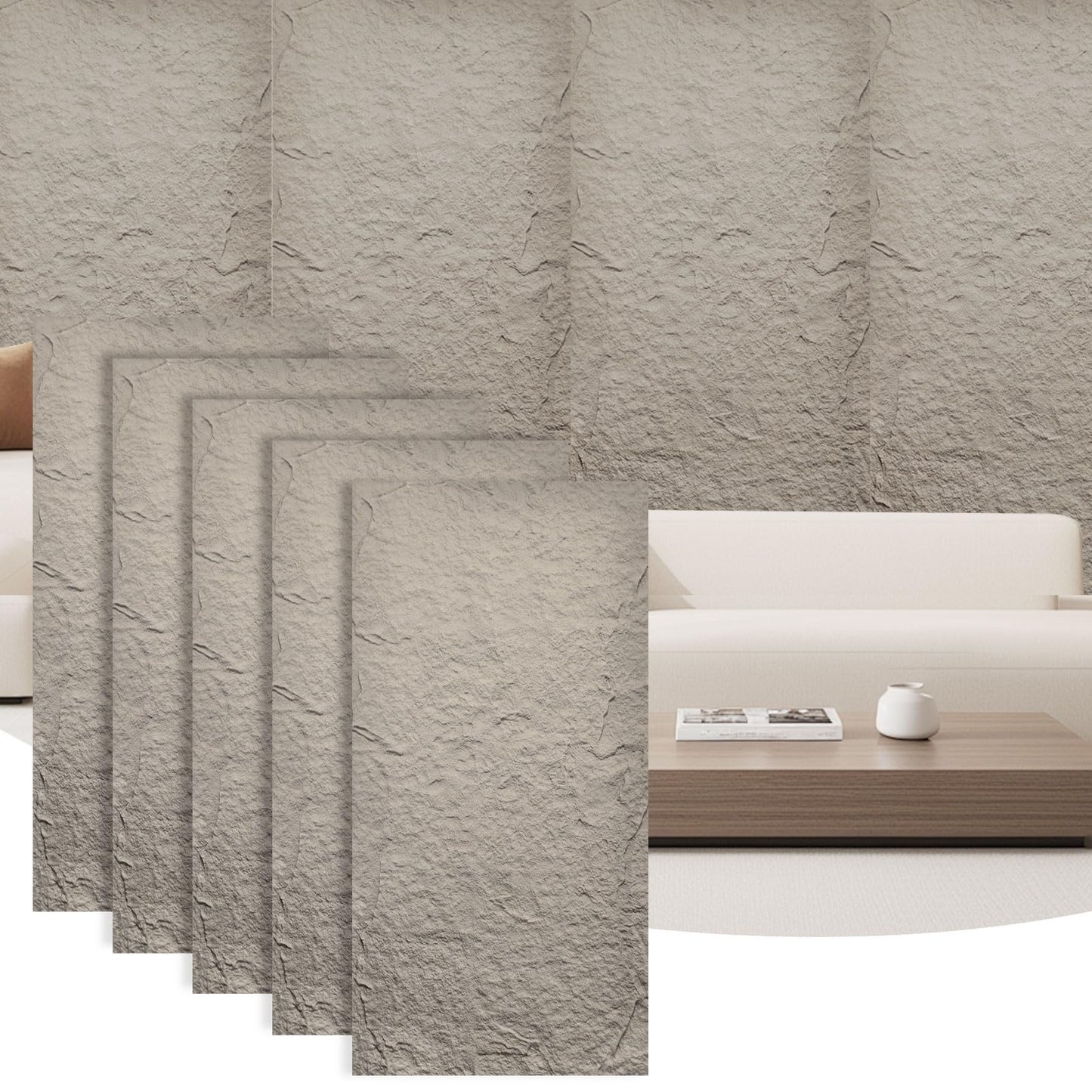 Artbrix 5-Pack 3D Faux Stone Wall Panels, PU Cement-Texture Wainscoting Panels for Interior Walls – Waterproof & Lightweight, Covers 38.7 Sq.Ft, 47.2" x 23.6", for TV Wall, Living Room,Cement Gray