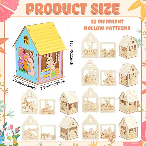 Jenaai 24 Sets Easter Wooden House Crafts - DIY 3D Bunny Village Decor for Spring Celebrations