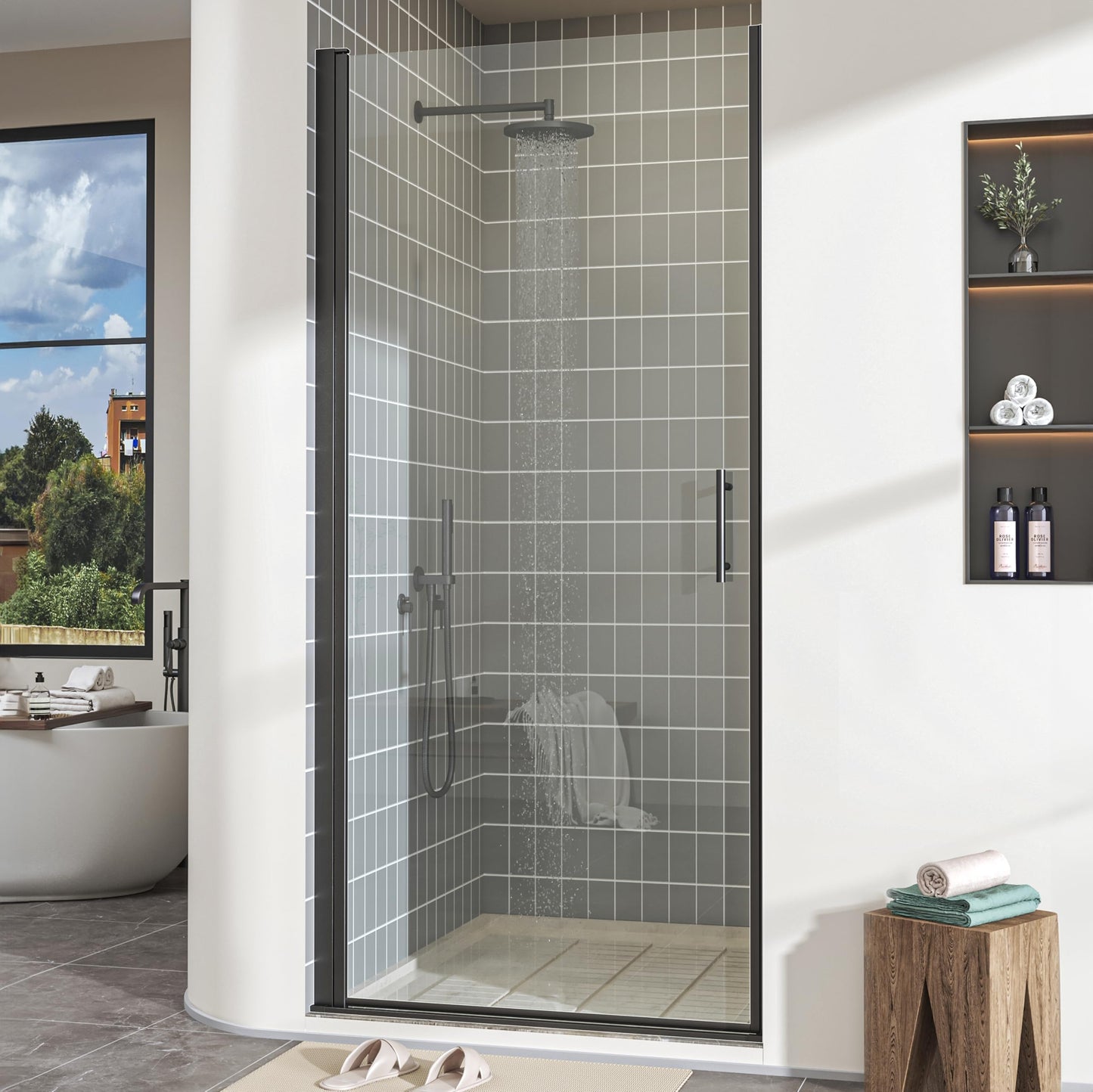 Hasipu 34.3-35" W X 72" H Pivot Shower Door - 1/4" Tempered Glass Shower Door, Matte Black, Reversible Installation for Bathroom