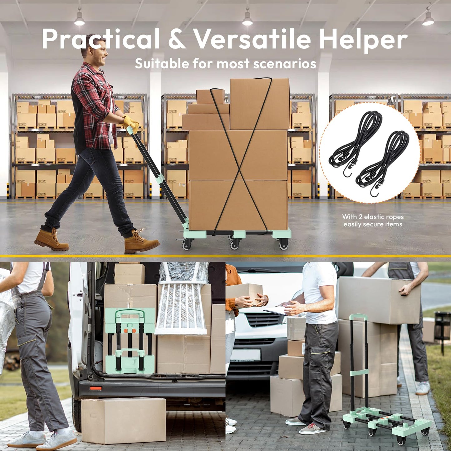 Voipvvii Folding Hand Truck 500lbs, Portable Heavy Duty Dolly Cart, 6 Wheels Collapsible Luggage Cart with 2 Elastic Ropes - Compact Trolley Cart for Easy Moving - Ideal Hand Cart for Travel and More