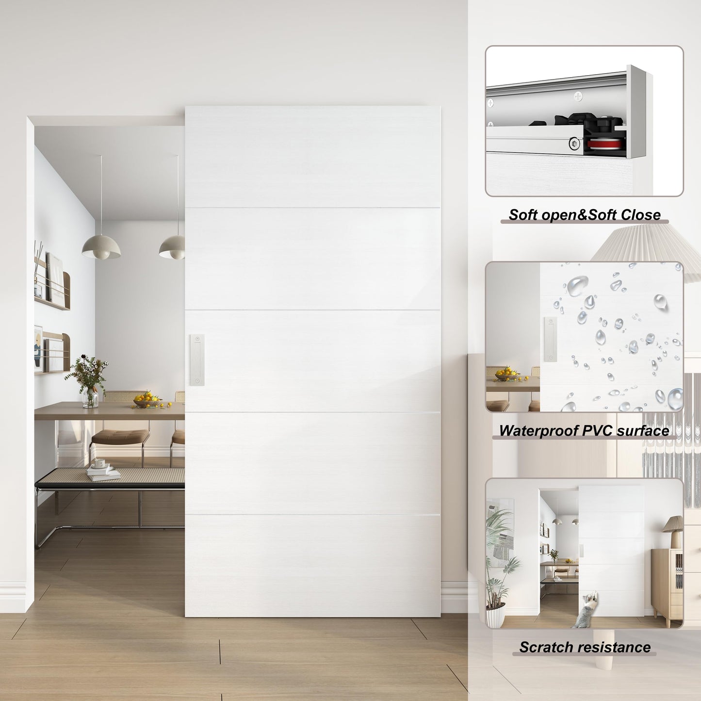 JUBEST 42"x84" Concealed Sliding Barn Door with Horizontal Groove and Soft Close Hardware Kit, White Flush Hidden Door for Opening 38"-40"x80", Waterproof and Smooth Sliding, for Interior Using