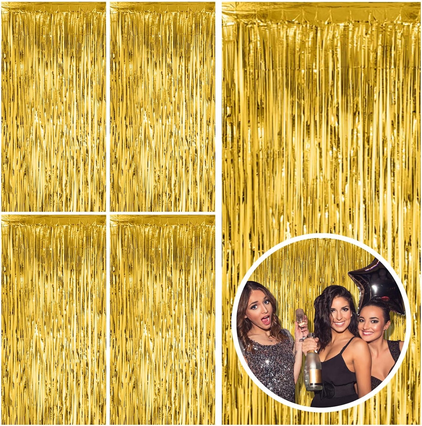 Skiennix Gold Fringe Curtain Backdrop - 5 Pack Tinsel Streamers for Parties & Events | Perfect for Birthdays, Christmas, & Graduations