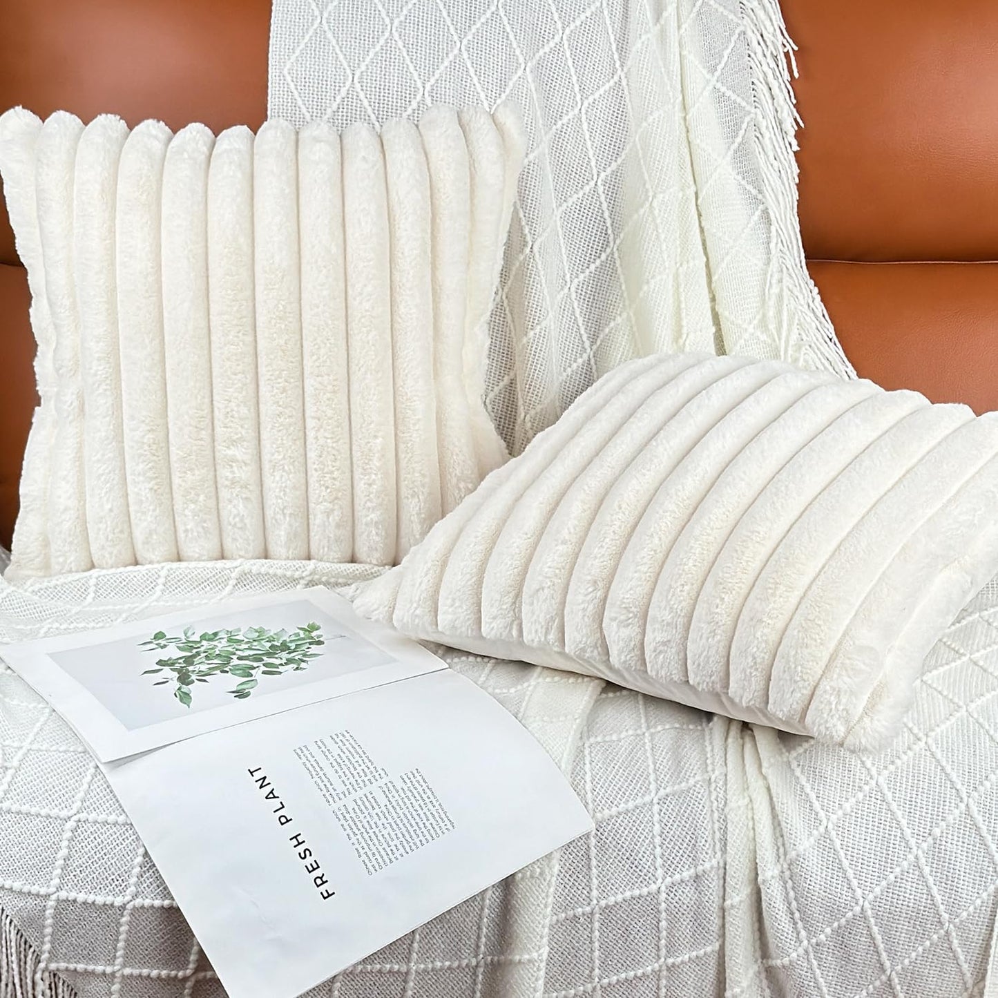 Skiennix 18x18 Throw Pillow Covers - Soft Fluffy Faux Fur & Velvet Back, Set of 2 - Cream White Home Décor Accent