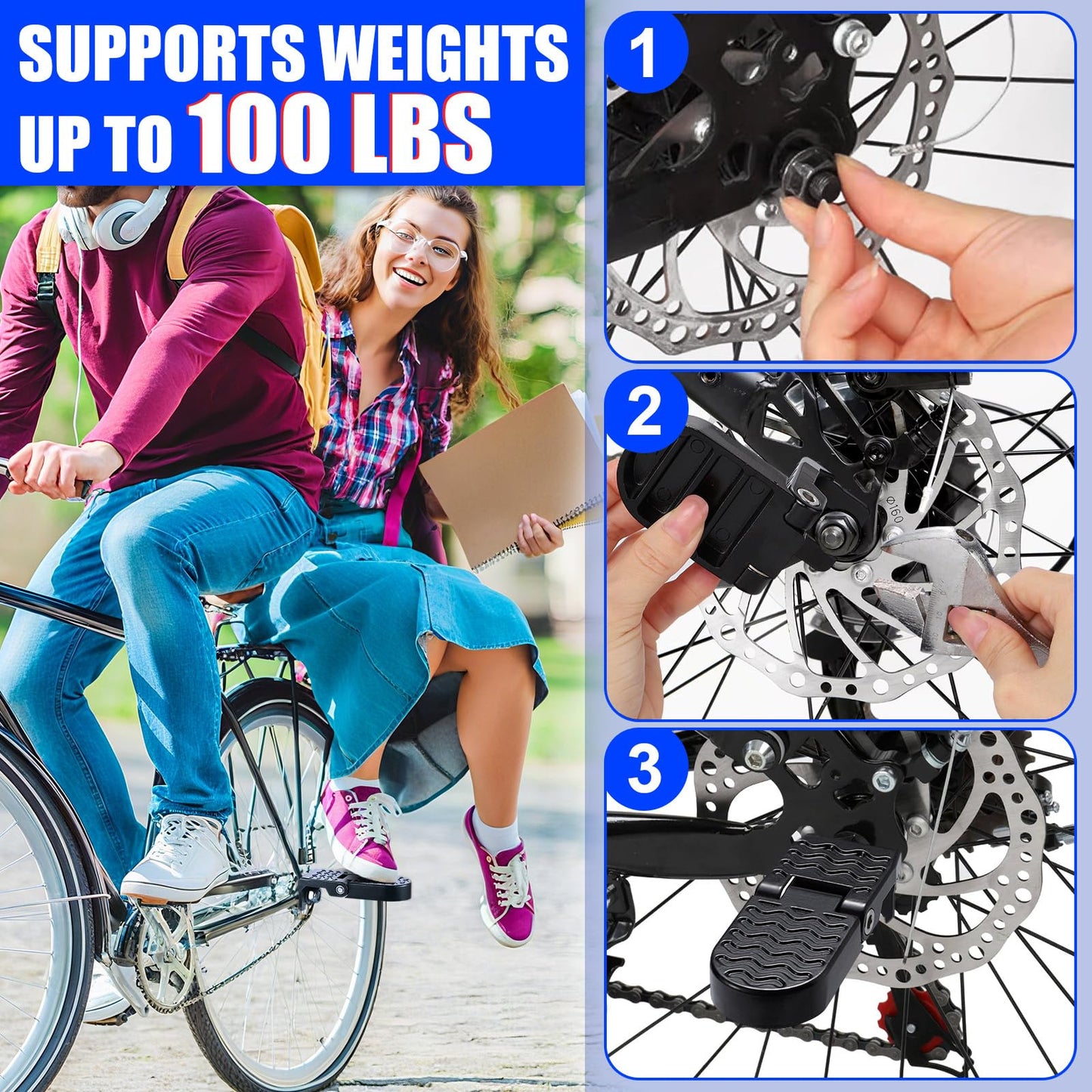 TOBWOLF 2PCS E-Bike U Slot Rear Pedals, 15MM Aluminium Bicycle Foot Peg, Non-Slip Ebike Foot Pegs for Passenger, Folding Rear Bicycle Footrest Pedals for E-Bike, Mountain Bike, Folding Bicycle