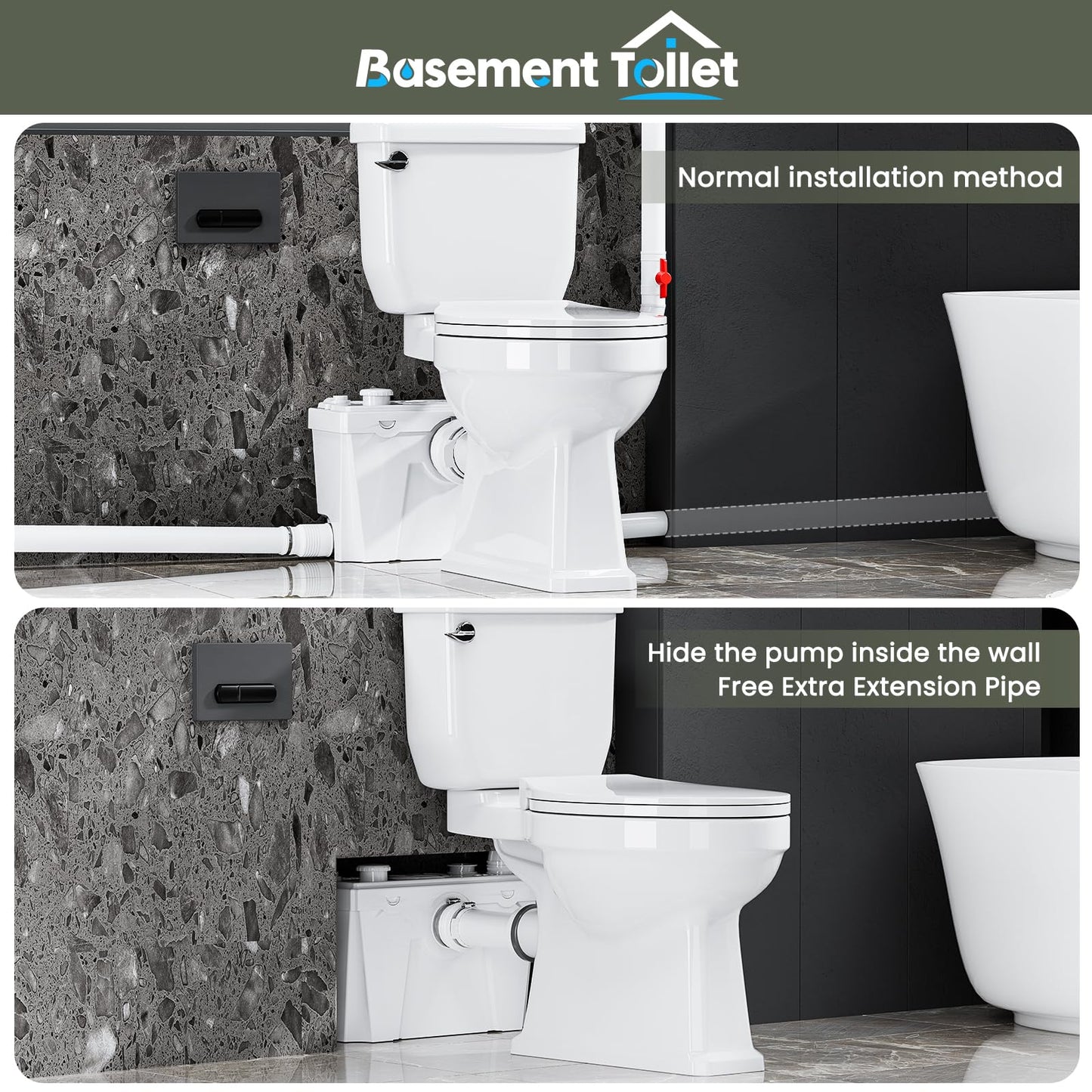 Macerating Toilet with 4 Water Inlets – Upflush Toilet System with Macerator Pump for Basement, Bathroom, Kitchen, and RV Installation – Round Bowl Toilet with Tank & Extension Pipe