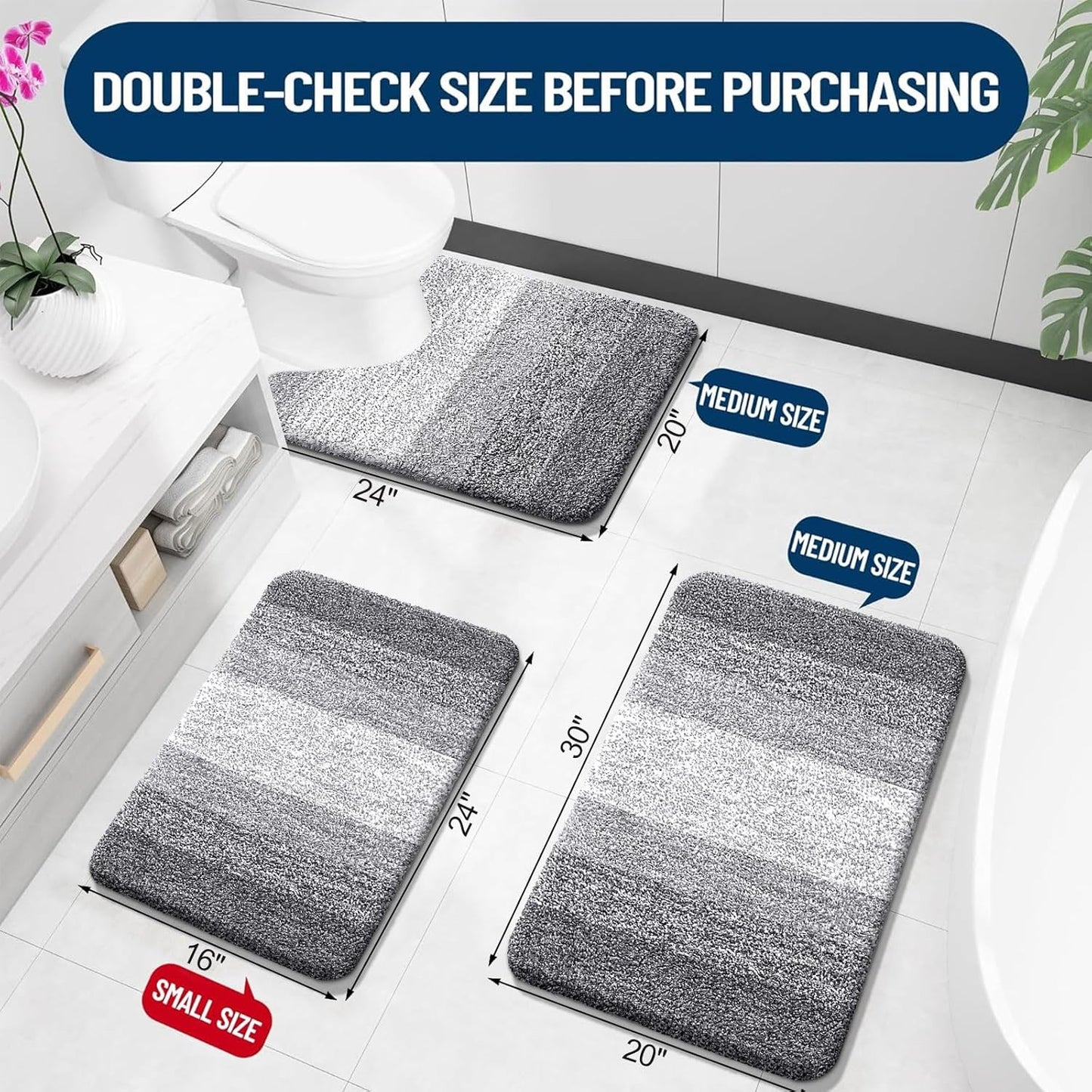 OLANLY Bathroom Rug Set - Soft, Absorbent Microfiber Mats & U-Shaped Contour Rug | 3-Piece Grey Set (30"x20"+24"x16"+24"x20")