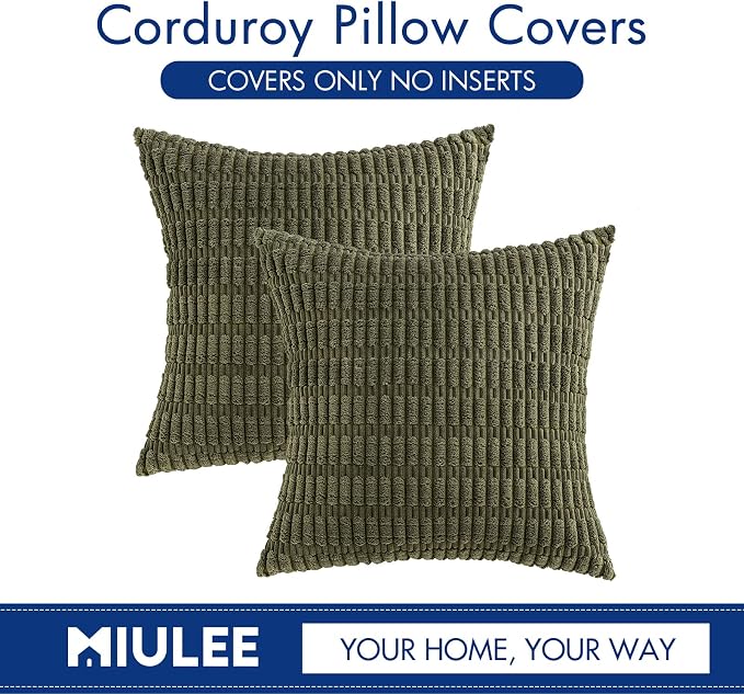 MIULEE Pack of 2 Spring Corduroy Decorative Throw Pillow Covers 18x18 Inch Soft Boho Striped Pillow Covers Modern Farmhouse Home Decor for Summer Sofa Living Room Couch Bed Olive Green