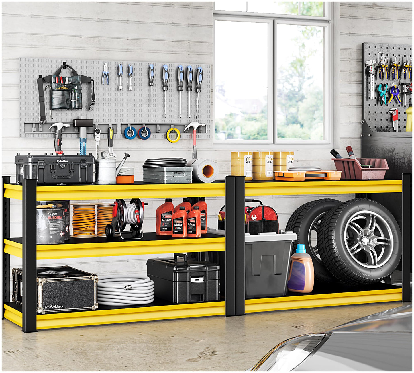 Rufokisa 48" W Garage Shelving Heavy Duty, 1650LBS Loads Adjustable Garage Storage Shelves,3-Tier Metal Storage Racks and Shelving Units, Utility Rack Shelves,48" W x 18" D x 39" H,Yellow