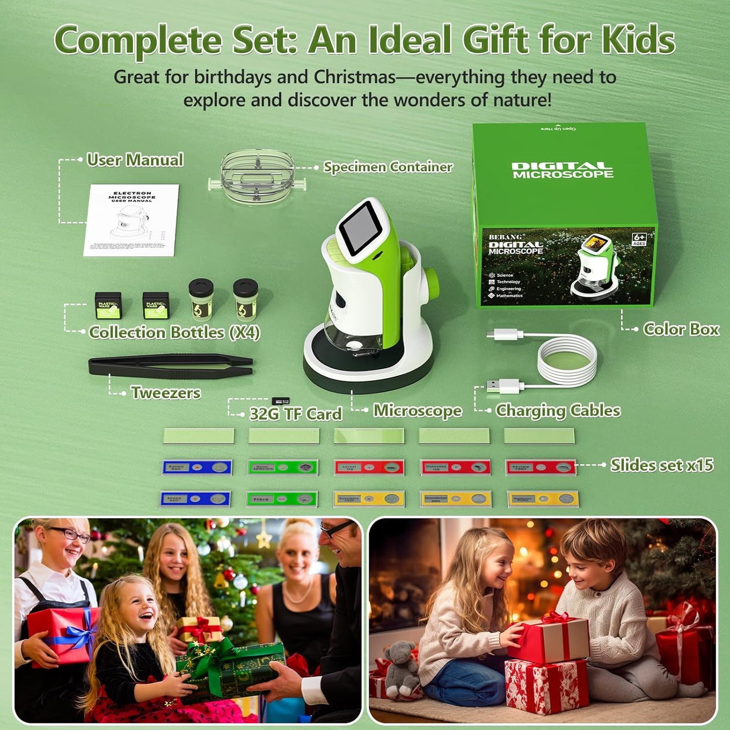 BEBANG 4K 2.0" 1000X 4-12 Set, 32G Detachable Kids Handheld Microscope Miniscope - HD Screen, Digital Pocket Toy