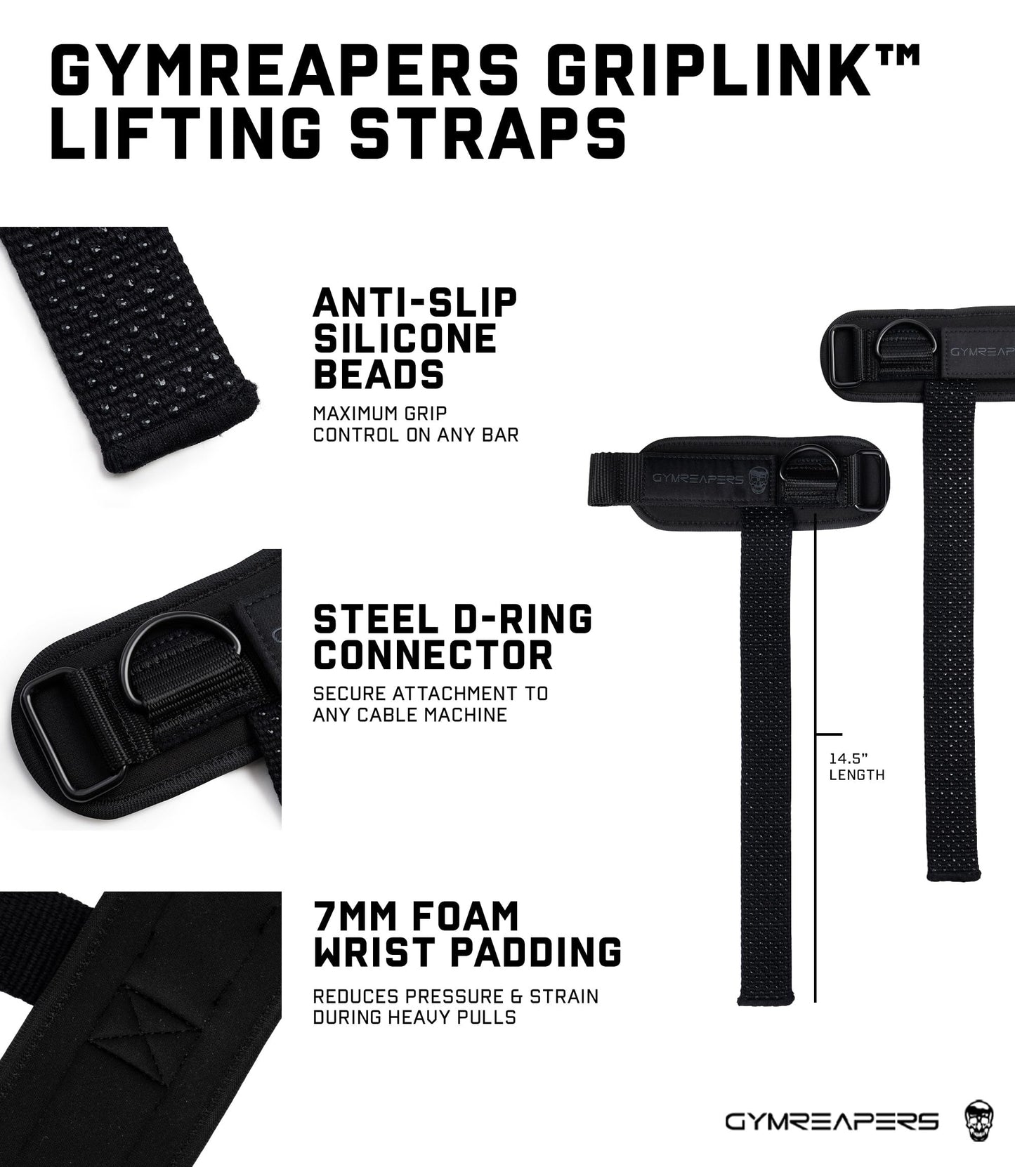 Gymreapers GripLink Lifting Straps, Black/Black