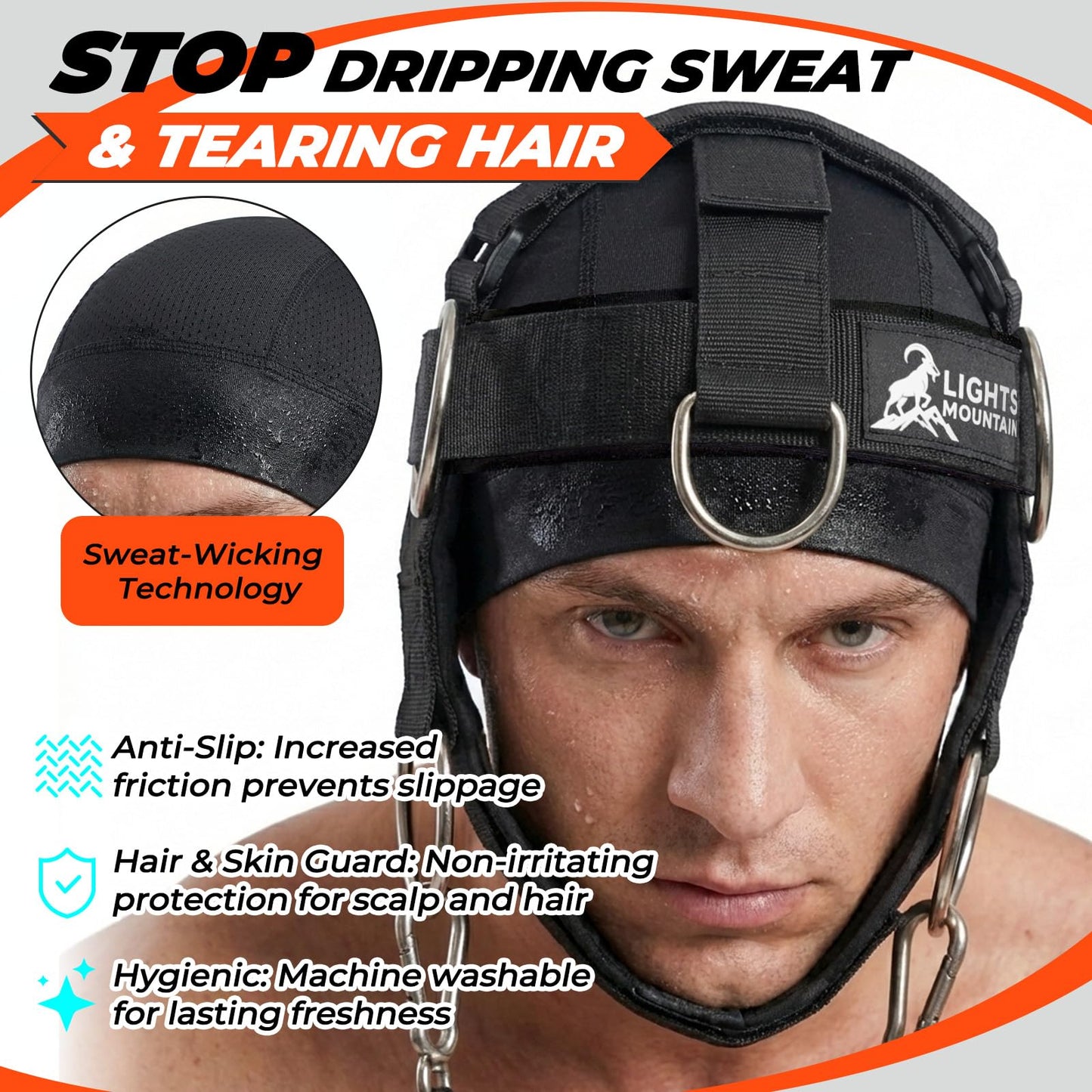 Lights Mountain Adjustable Neck Harness for Weight Training with 6 D-Rings, Includes Skull Cap, Resistance Band & Loading Strap - Adjustable Head Harness for Neck Strengthening & Resistance Workout