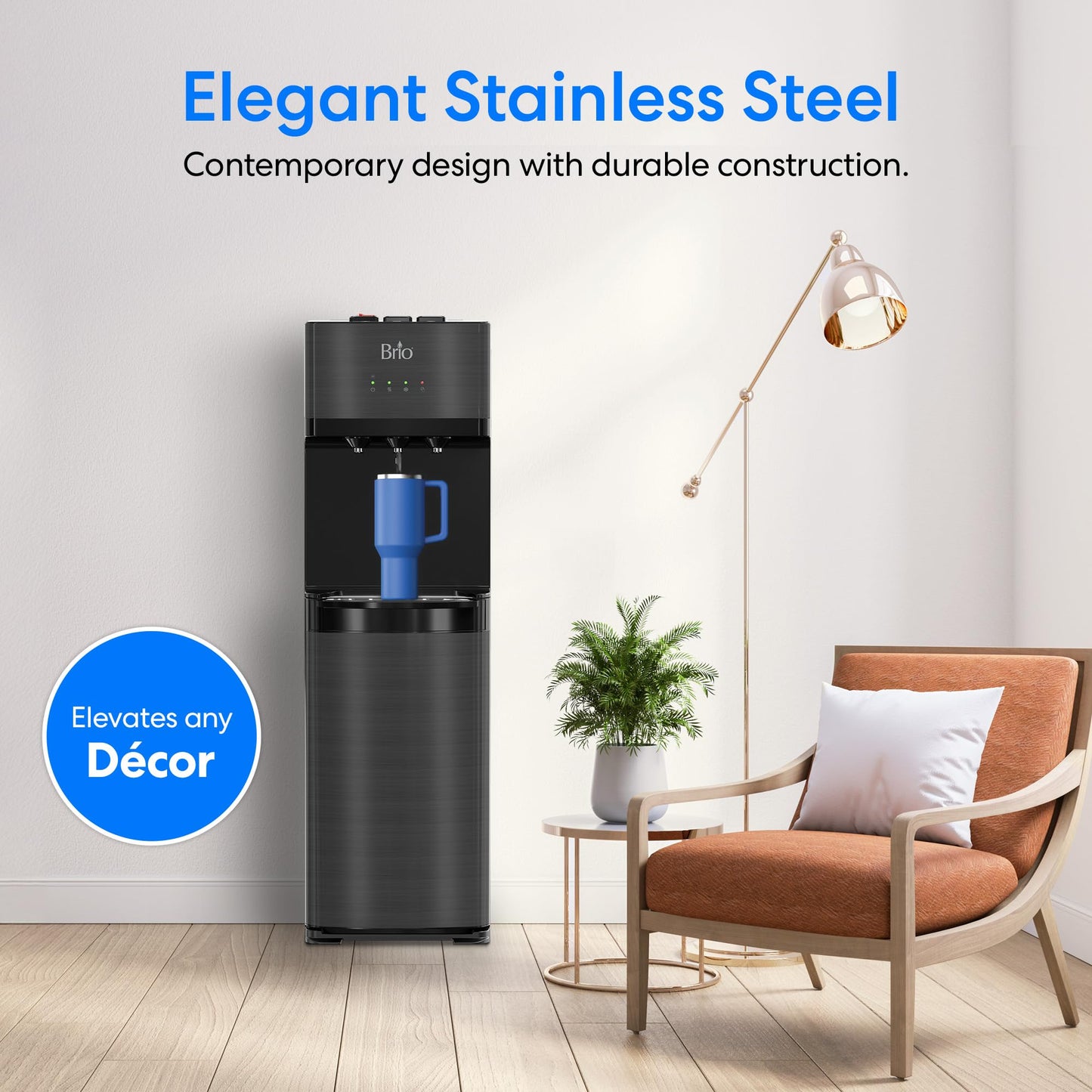 Brio Self Cleaning Bottom Loading Water Cooler Water Dispenser – Black Stainless Steel - 3 Temperature Settings - Hot, Room & Cold Water