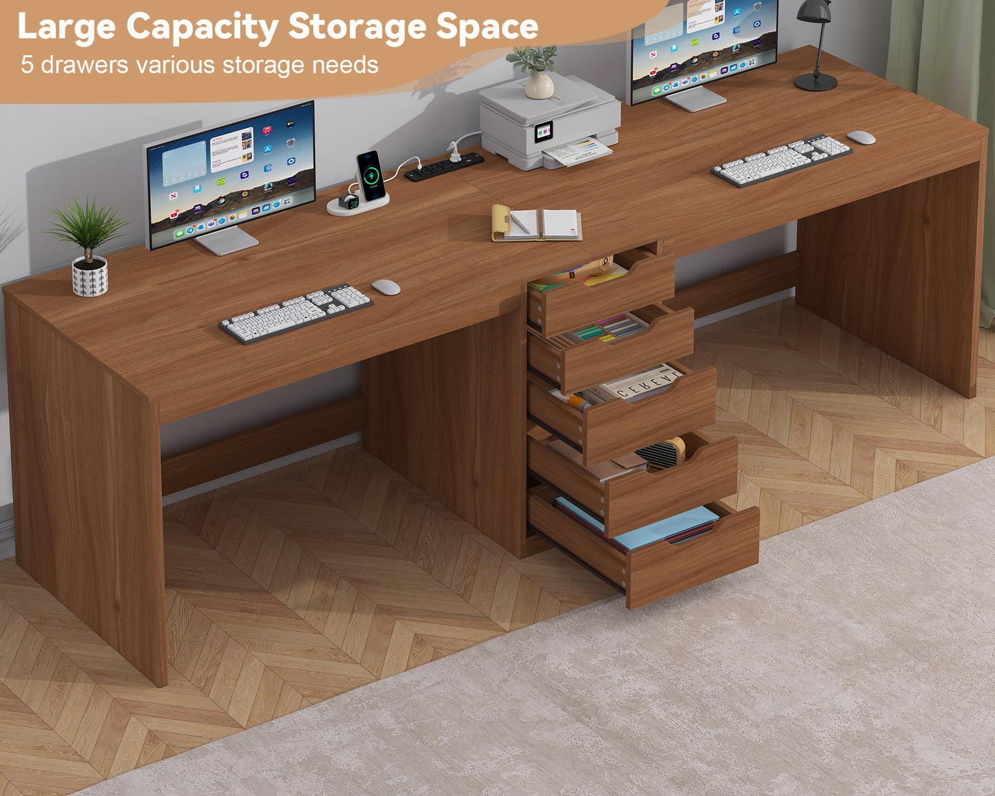 YOMILUVE 2 Person Desk with 5 Drawers and Power Outlets, 78.7 Inch Long Computer Desk with Storage File Cabinet, Two Person Home Office Double Desk with Storage, Brown