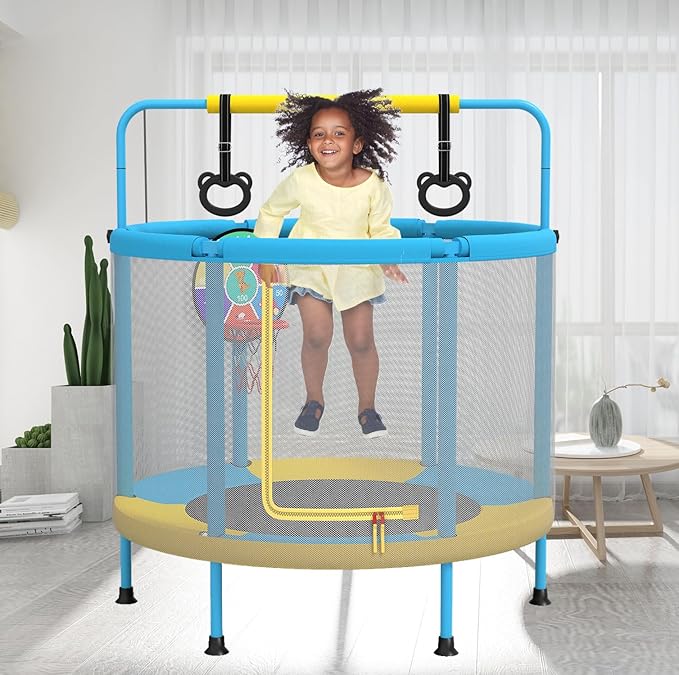 LANGXUN 60" Trampoline for Kids, 5ft Mini Toddler Indoor & Outdoor Trampoline with Net, Basketball Hoop & Dart Board, Birthday Gifts for Boys & Girls, Baby Toddler Christmas Toys (Blue & Yellow)
