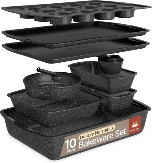 Gray Marble Bakeware Set - 10-Piece Nonstick Carbon Steel Baking Sheets & Pans | Space-Saving & Dishwasher Safe