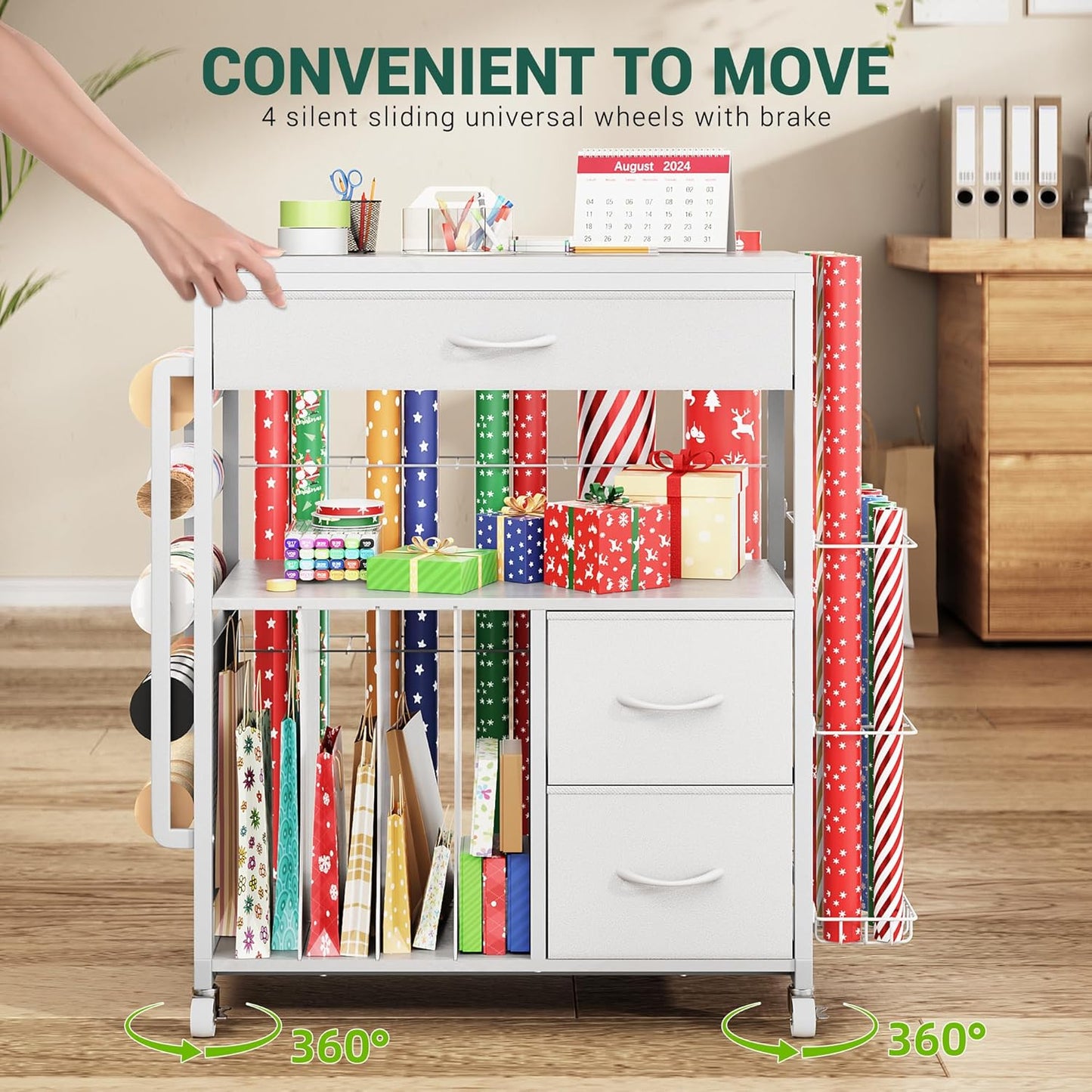 PUNLUXU Wrapping Paper Storage Cart - Rolling Gift Wrap Station with Ribbon & Gift Bag Organizer