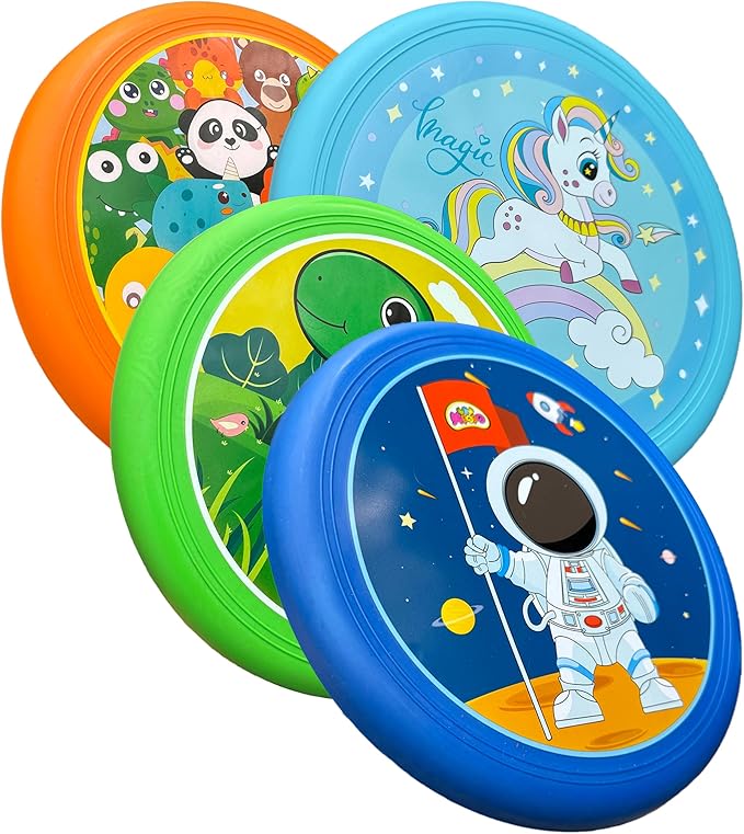 Cartoon Flying Discs Set for Kids Soft Platic Outdoor Family Game Beach Toys, 4 Pack, 20cm, 60g Each, Vivid Colors(Unicorn Horse,Dinasour,Zoo Animals, Astronauts)
