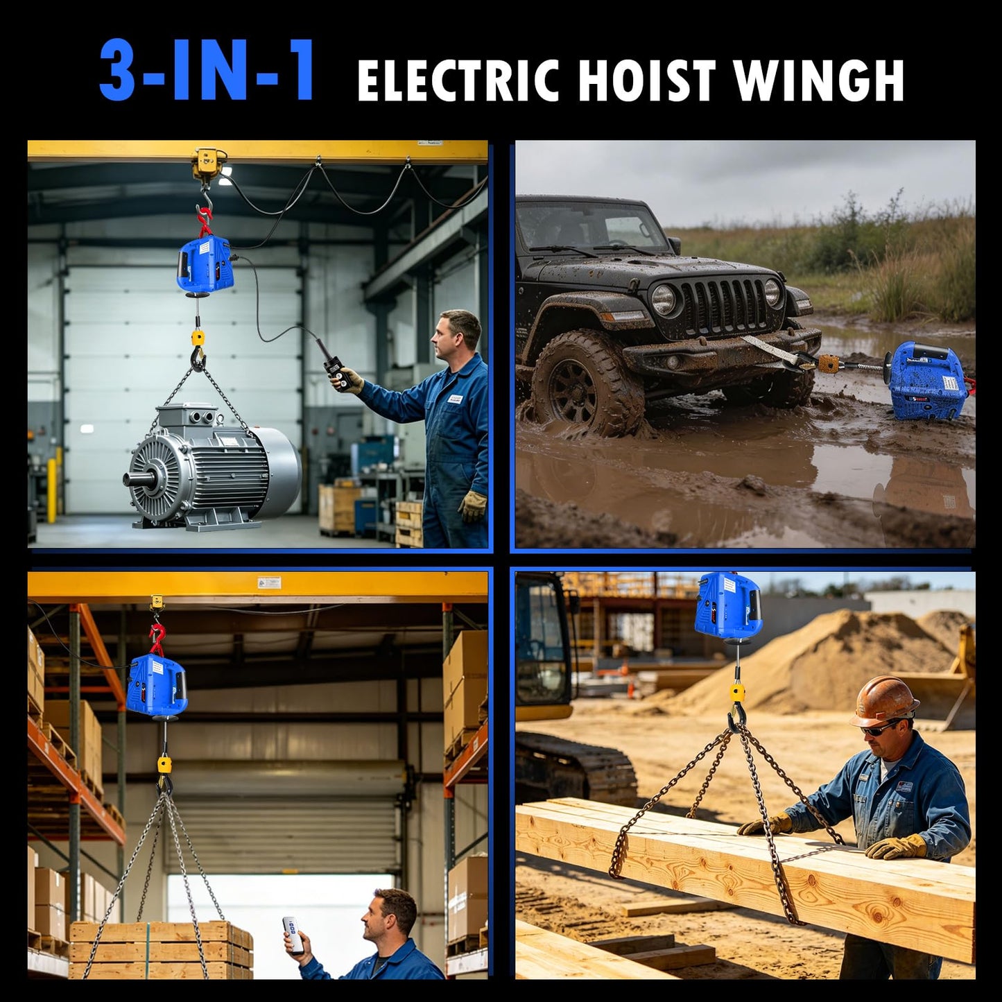 3 in 1 Electric Hoist Winch, 1500W Portable Electric Winch with 1100lbs, 110V Electric Hoist Crane with Manual, Wired & Wireless Remote Control, 25ft Lifting Height, Overload Protection for Towing