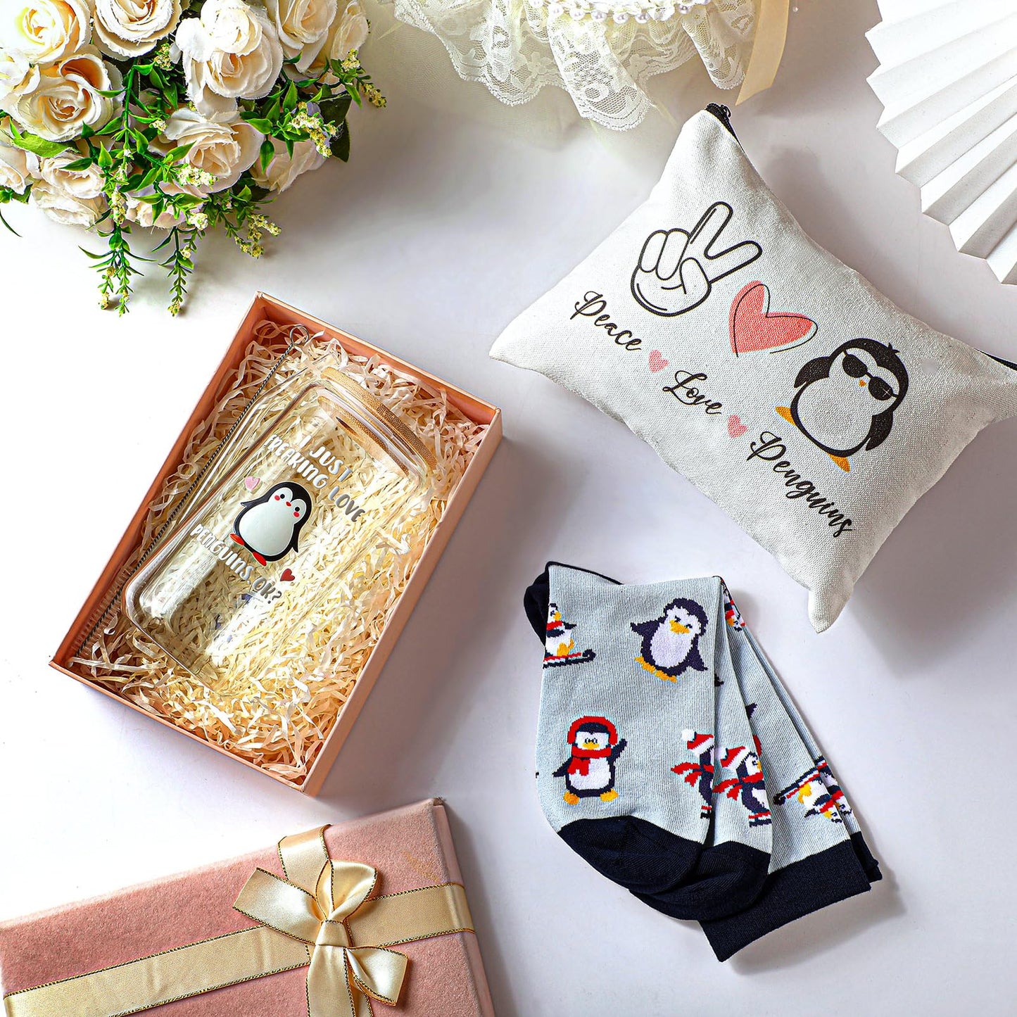 Layhit 3 Pcs Penguin Gifts for Women 16 oz Coffee Glass Cosmetic Makeup Bag Socks Cute Animal Gift for Penguin Lovers Teacher Mom Nurse Colleague Employee Friend