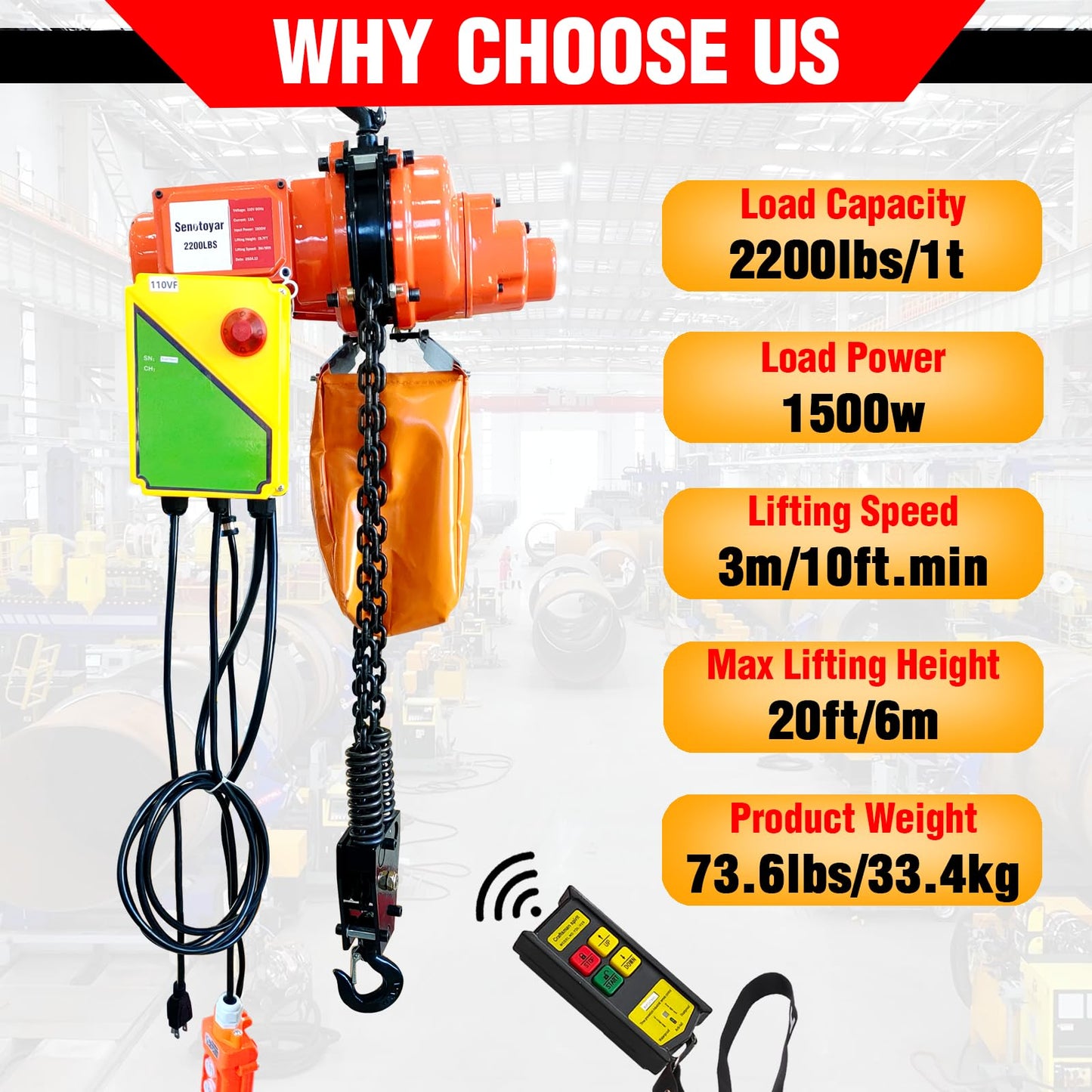Electric Chain Hoist 2 in 1,2200 lbs Load Capacity,20 ft Lifting Height,120V Single Phase Overhead Crane with 328 ft Wireless & 15 ft Wired Remote Control, Ideal for Garage,Shop,and Home Use