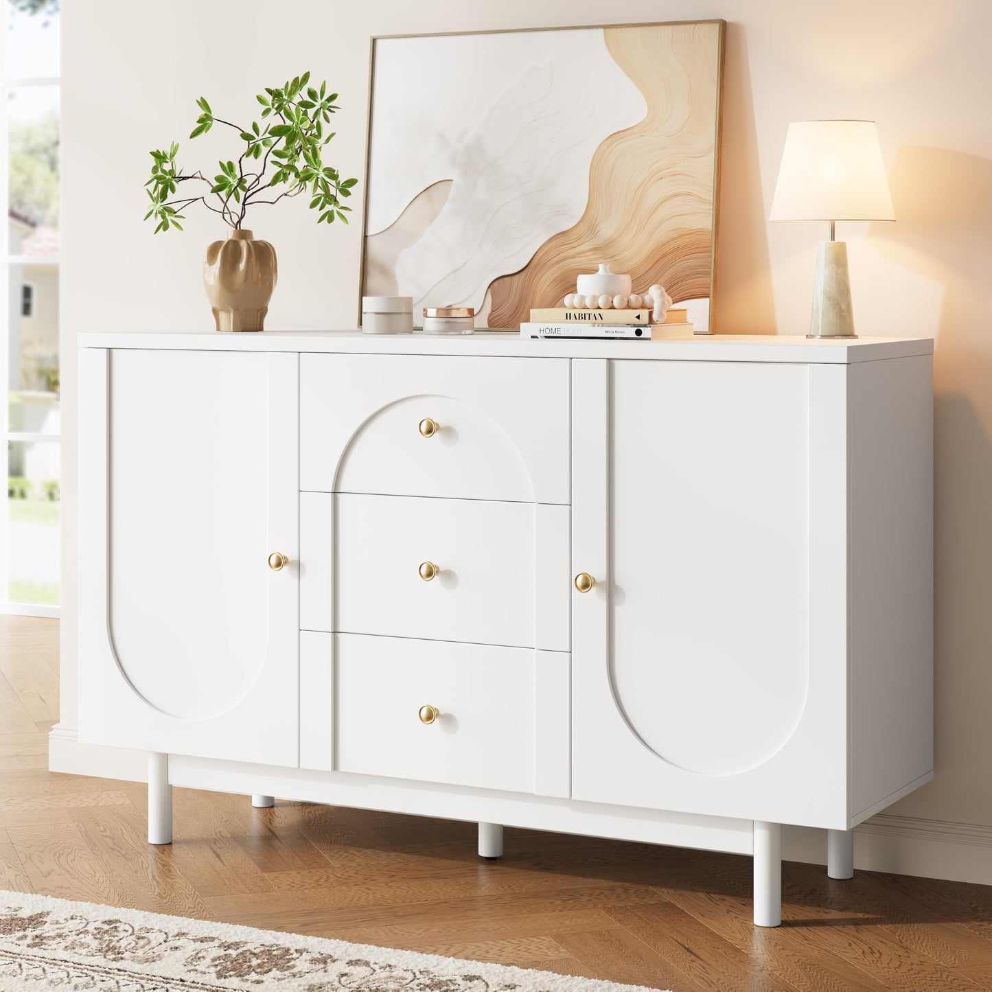 OneBlis Buffet Cabinet with Drawers, 54" Large Sideboard Buffet Storage Cabinet with Adjustable Shelves and Doors, Modern Coffee Bar Station Kitchen Table for Kitchen, Dining Room, White
