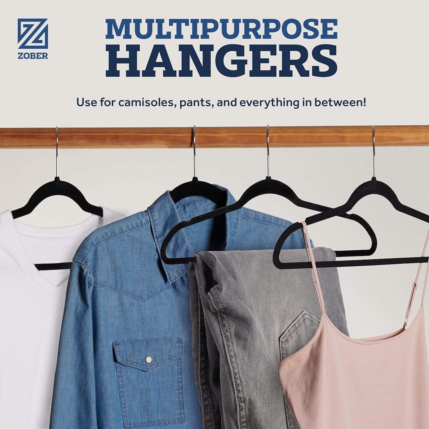 ZOBER Black Velvet Hangers - Non-Slip Clothes Hangers with 360° Swivel | 50 Pack, Holds Up to 10 lbs
