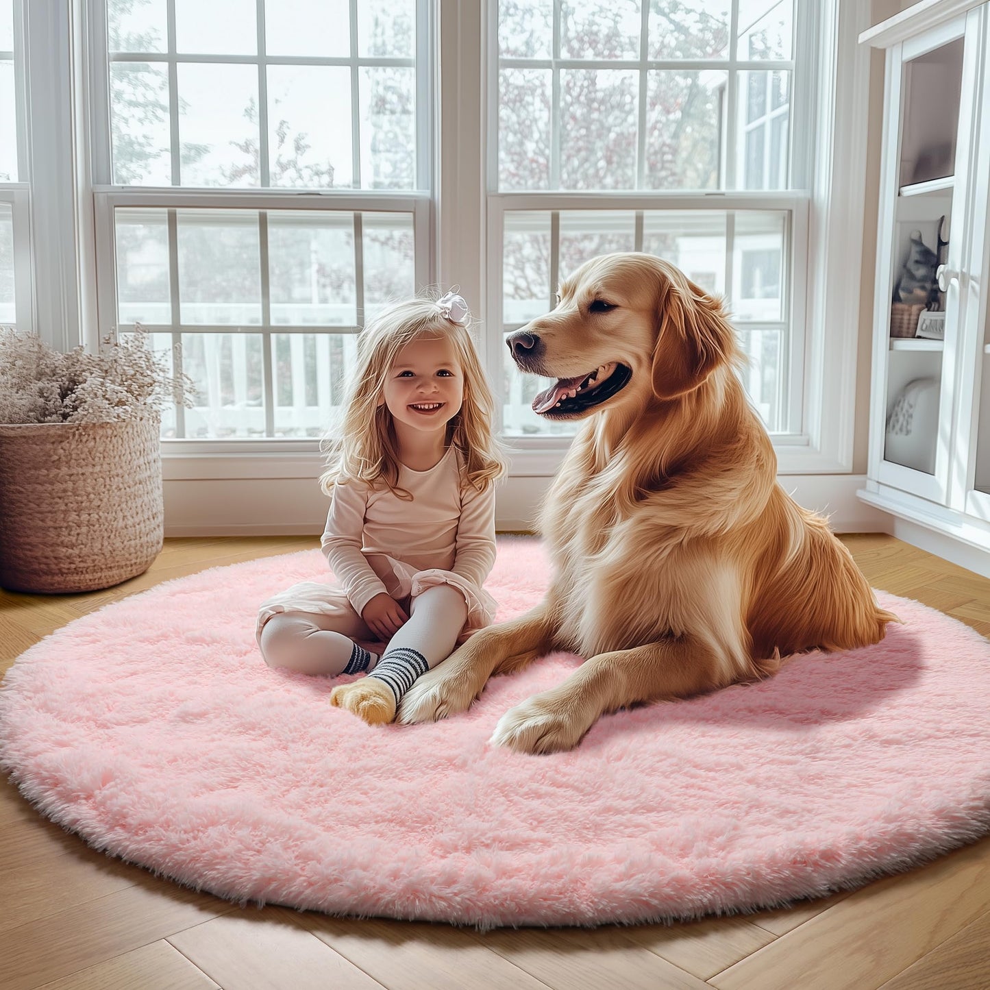 ONASAR Light Pink Fluffy Round Rugs 4ft for Girls Bedroom, Circle Area Rug for Kids Teen, Soft Plush Shaggy Circular Carpet for Nursery Dorm Classroom Playroom Living Room Home Decor Aesthetic