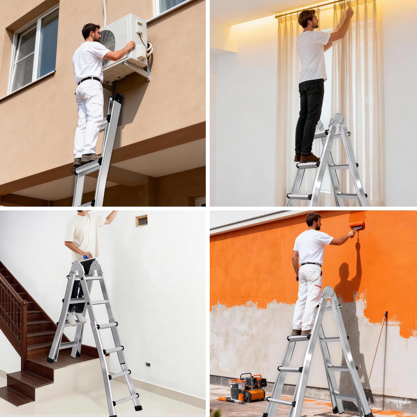 Telescoping A Frame Ladder Extension Ladders for Outdoor Home Use, Multi Position Ladders Adjustable Ladder for Stairs, Indoor, Roof and Rv Use, Steel, 330 Lbs Capacity