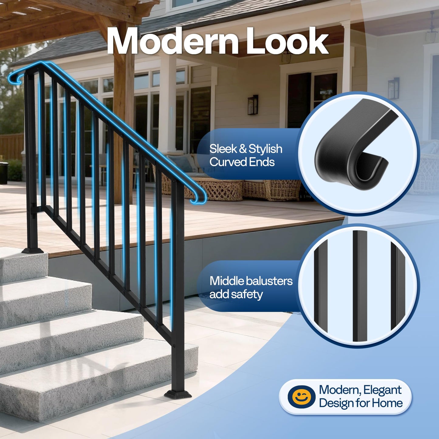 VIVOHOME 2-Pack Galvanized Steel Hand Rails for Outdoor Steps – 54.1" Curved Ends and Safety Balusters Exterior Railing Kit for Porch, Deck, or Indoor Stairs (5-Step, Black)
