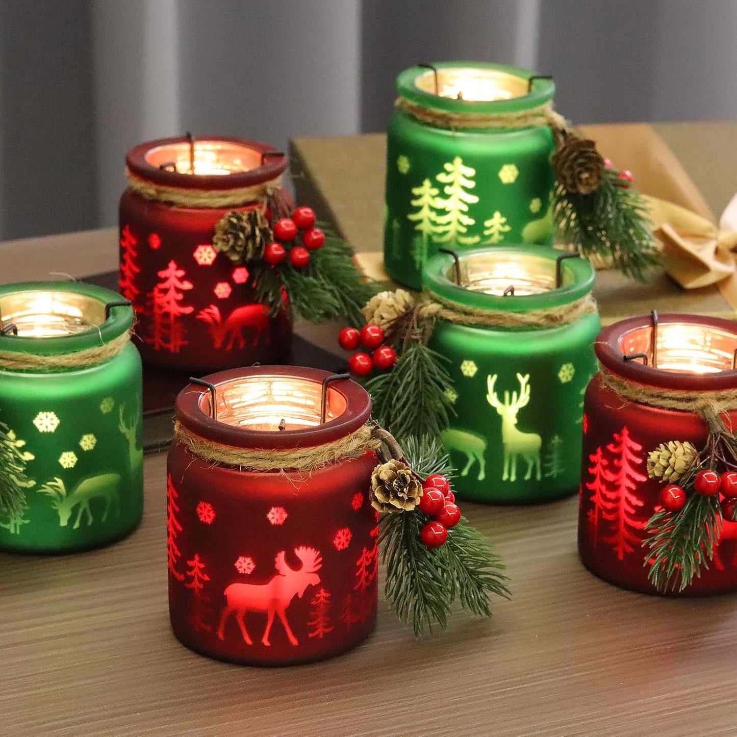 SHMILMH Christmas Candle Holders - Set of 6 Glass Tealight Votive Holders for Festive Table Centerpieces | Red & Green