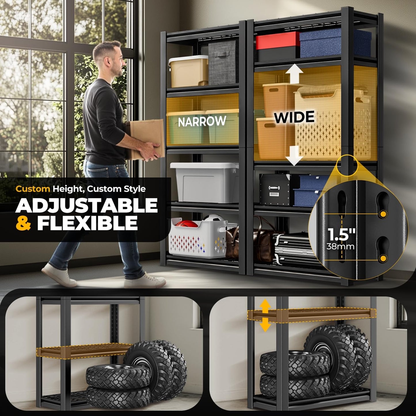 Auto Dynasty 5-Tier Storage Shelves Set of 2, 72" H (3000LBS Capacity) Adjustable Garage Shelving, Metal Storage Utility Rack Shelf Unit for Pantry Kitchen Warehouse, 72" H x 35" W x 16" D, Black